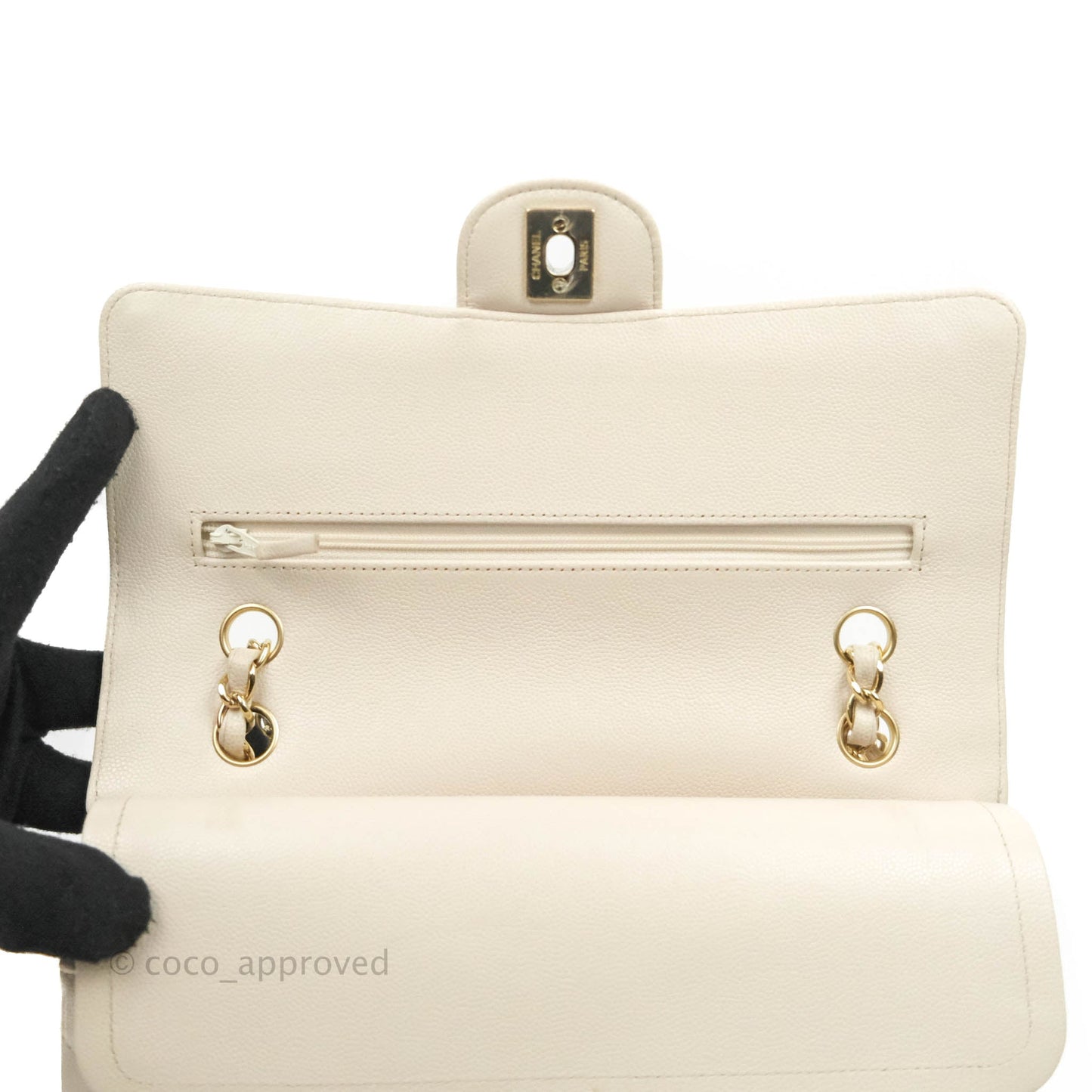 Chanel Classic M/L Medium Double Flap Chevron Ivory Caviar Gold Hardware
