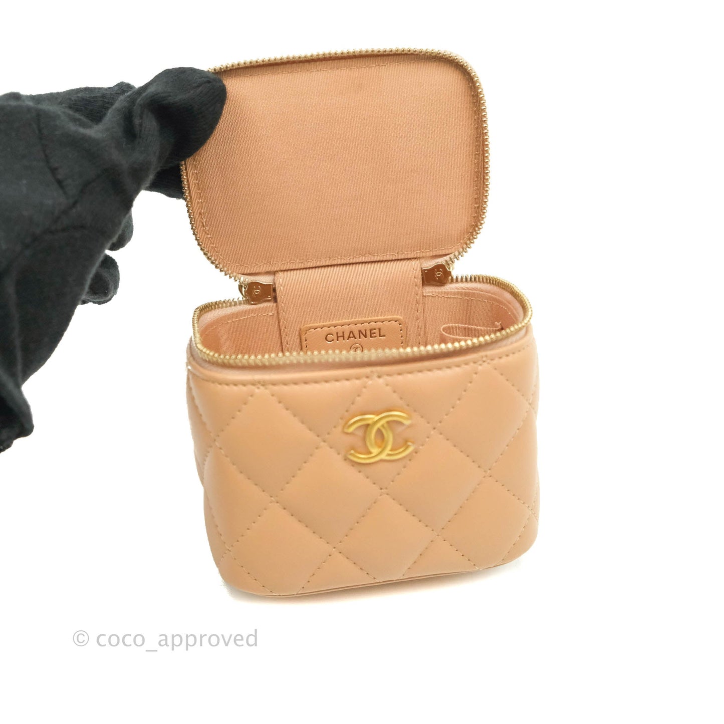 Chanel Mini Top Handle Vanity With Chain Beige Lambskin Aged Gold Hardware