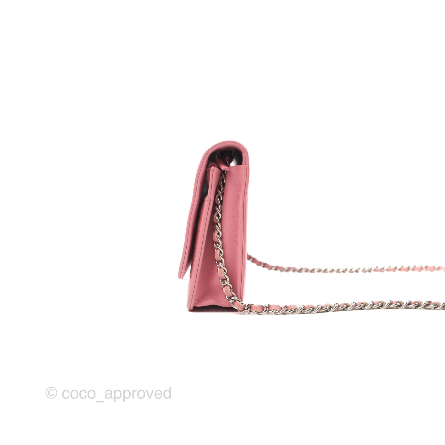Chanel Camellia Embossed Wallet On Chain WOC Pink Lambskin Silver Hardware