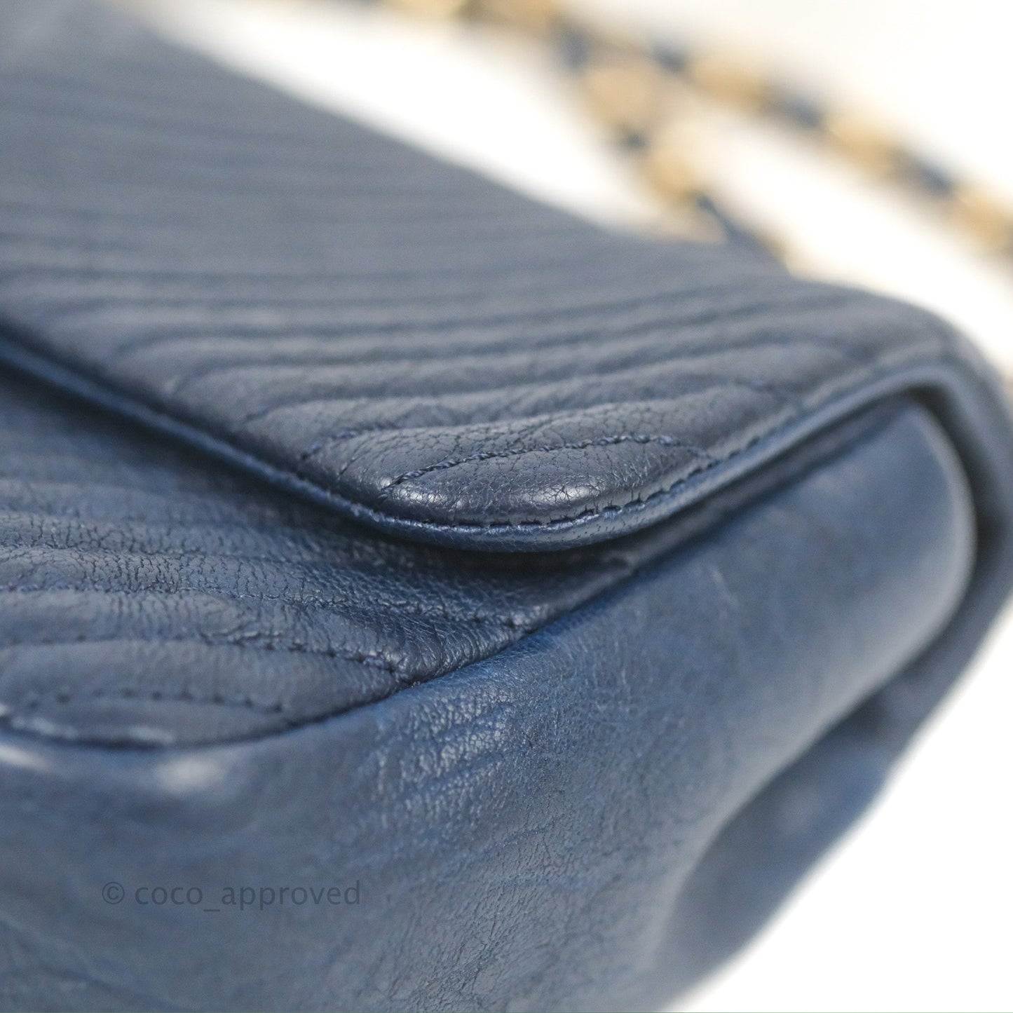 Chanel Small Chevron Surpique Flap Navy Calfskin Aged Gold Hardware