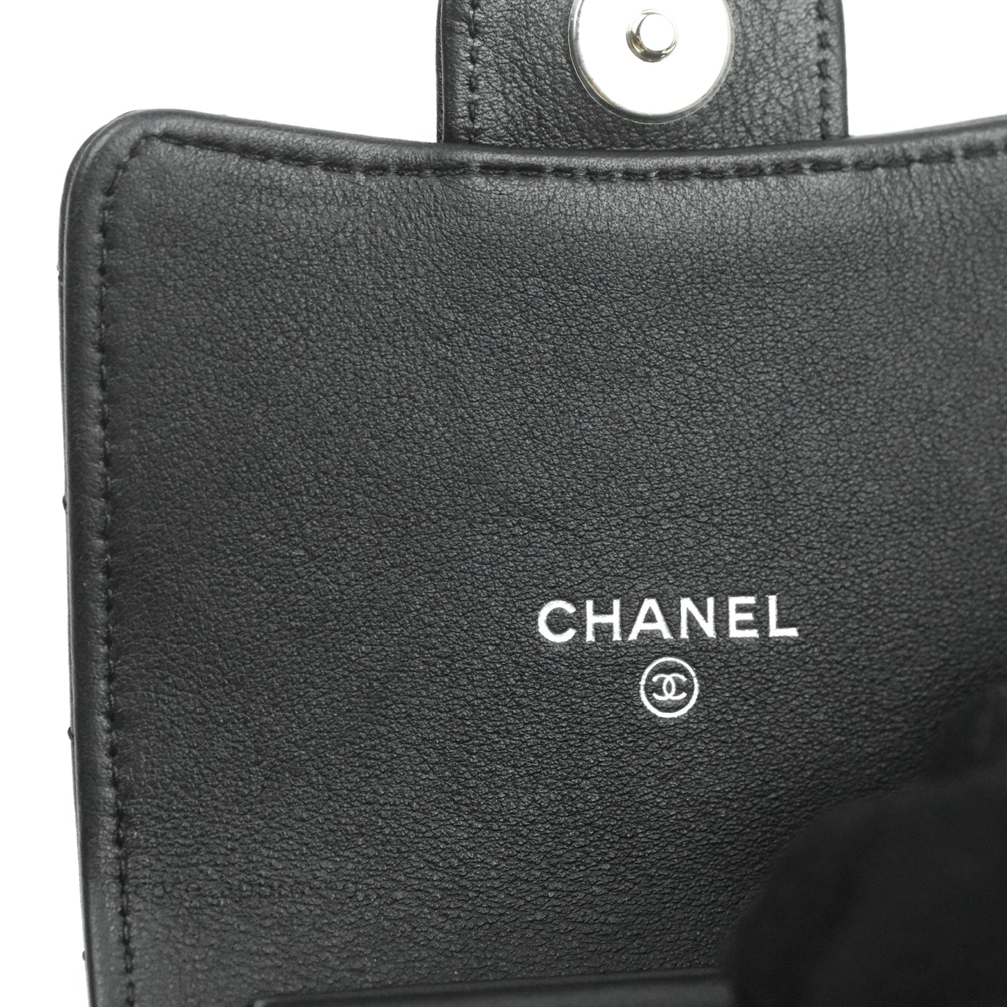 Chanel Classic Chevron Phone Holder Calfskin Black Silver Hardware