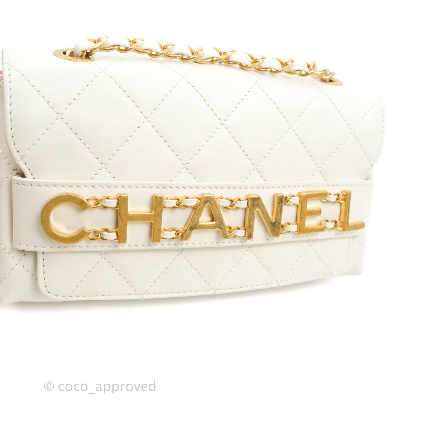 Chanel Small Logo Enchained Flap Bag White Calfskin Aged Gold Hardware 20S
