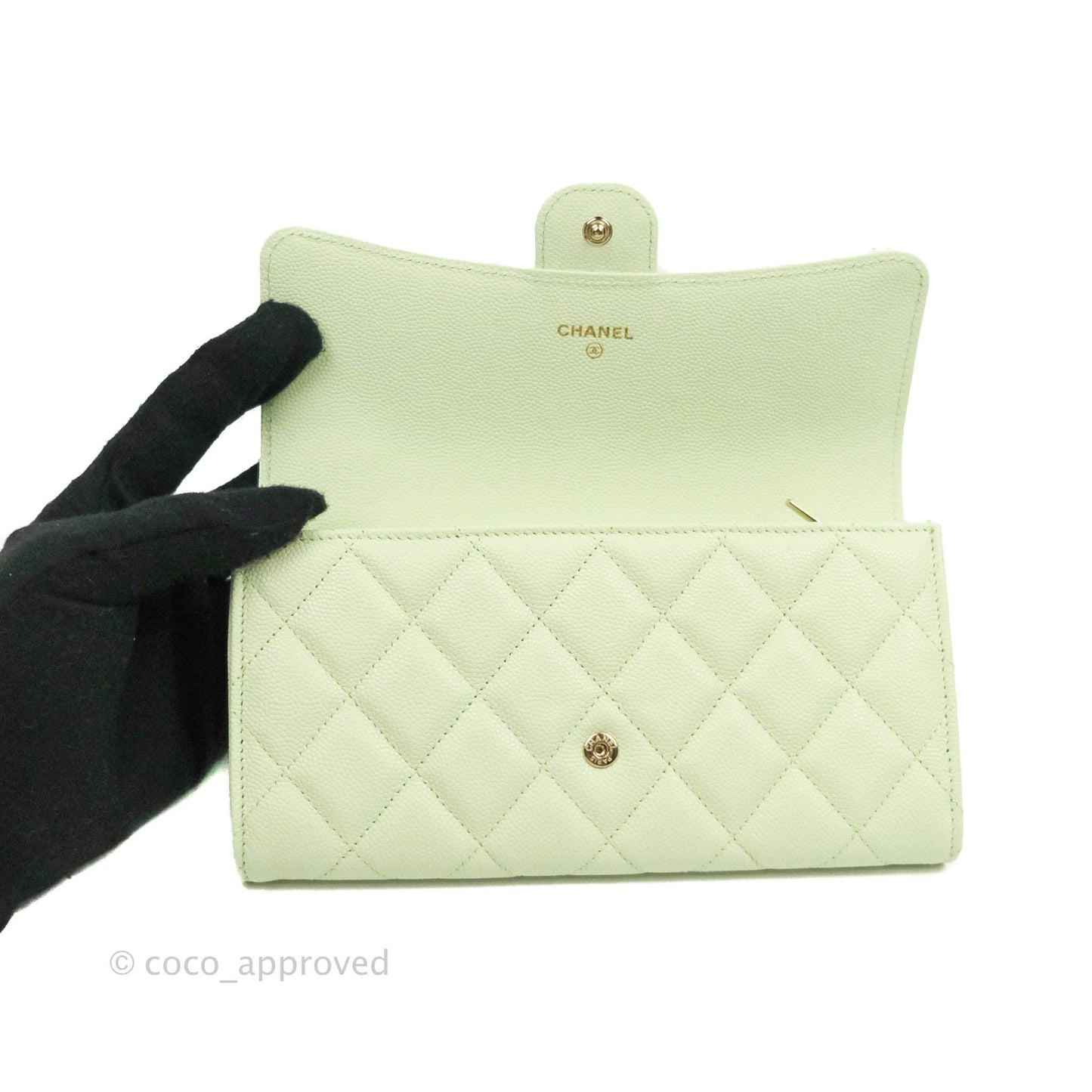 Chanel Caviar Quilted Long Flap Wallet Mint Green Caviar Gold Hardware 22C
