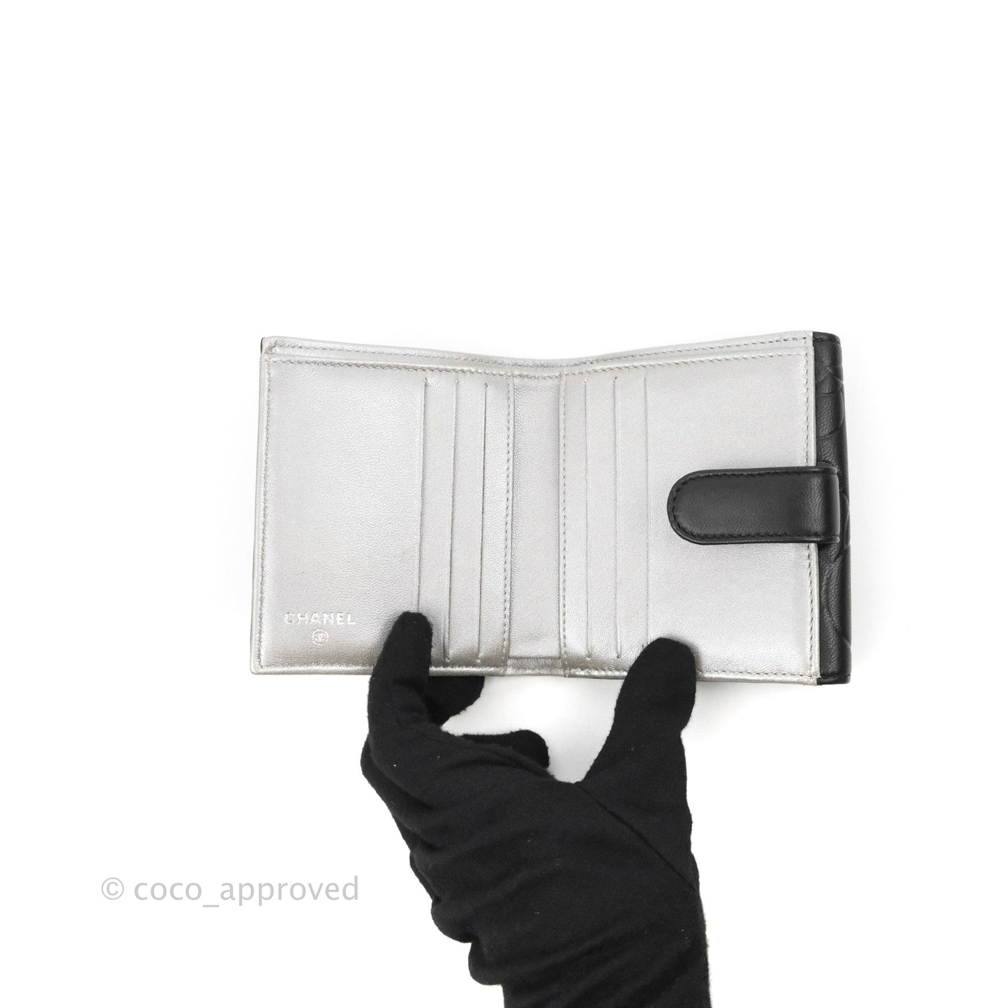 Chanel Camellia Embossed Tri-fold Short Wallet Black Lambskin Silver Hardware