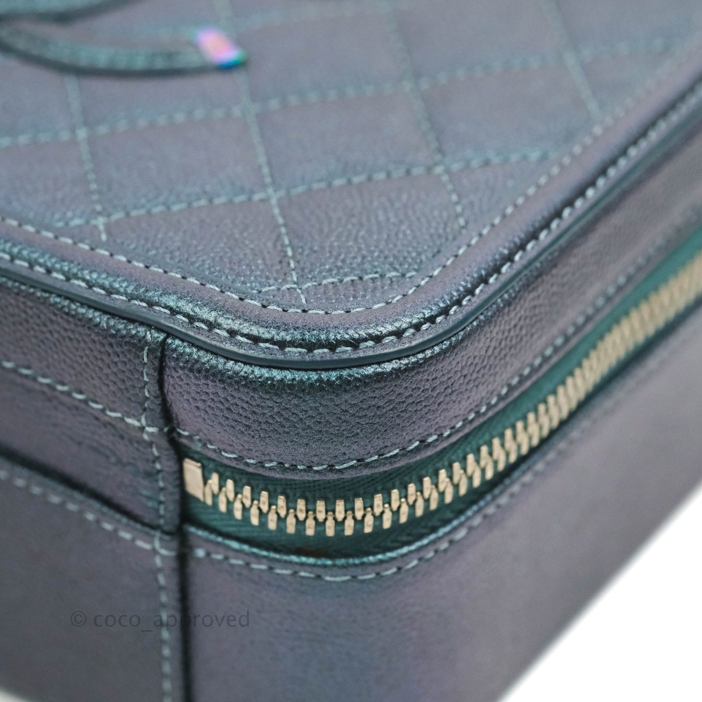 Chanel Quilted Medium CC Filigree Vanity Case Iridescent Dark Turquoise Caviar Rainbow Hardware
