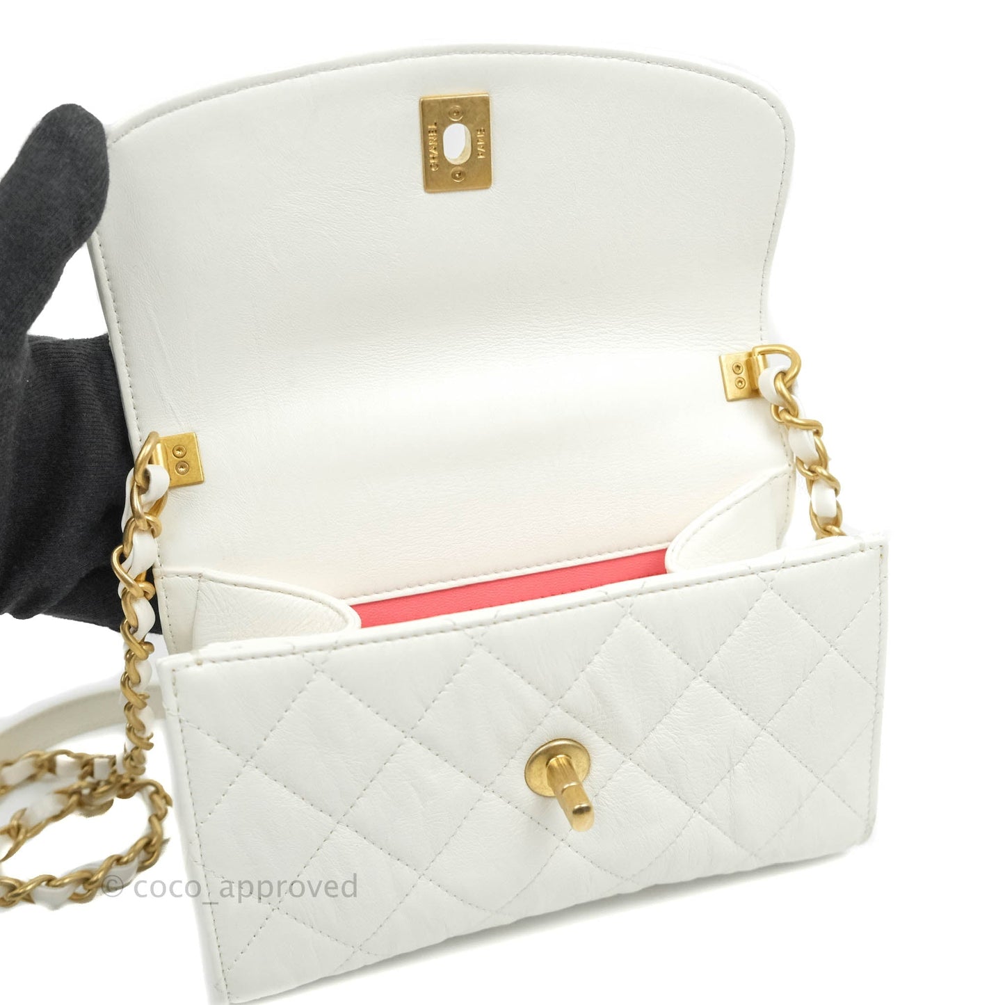 Chanel Quilted CC Top Handle Flap White Calfskin Aged Gold Hardware