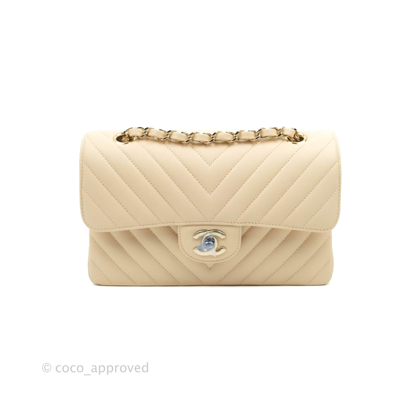 Chanel S/M Small Chevron Classic Flap Beige Caviar Gold Hardware 21S