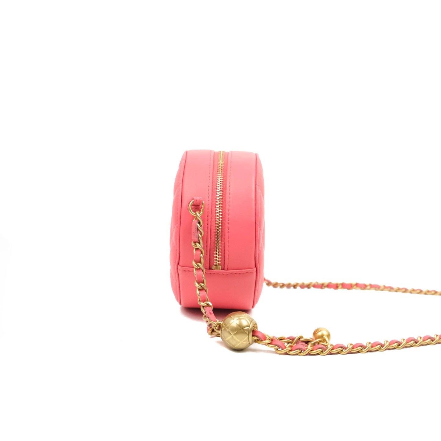 Chanel Quilted Round Pearl Crush Clutch With Chain Pink Lambskin Aged Gold Hardware