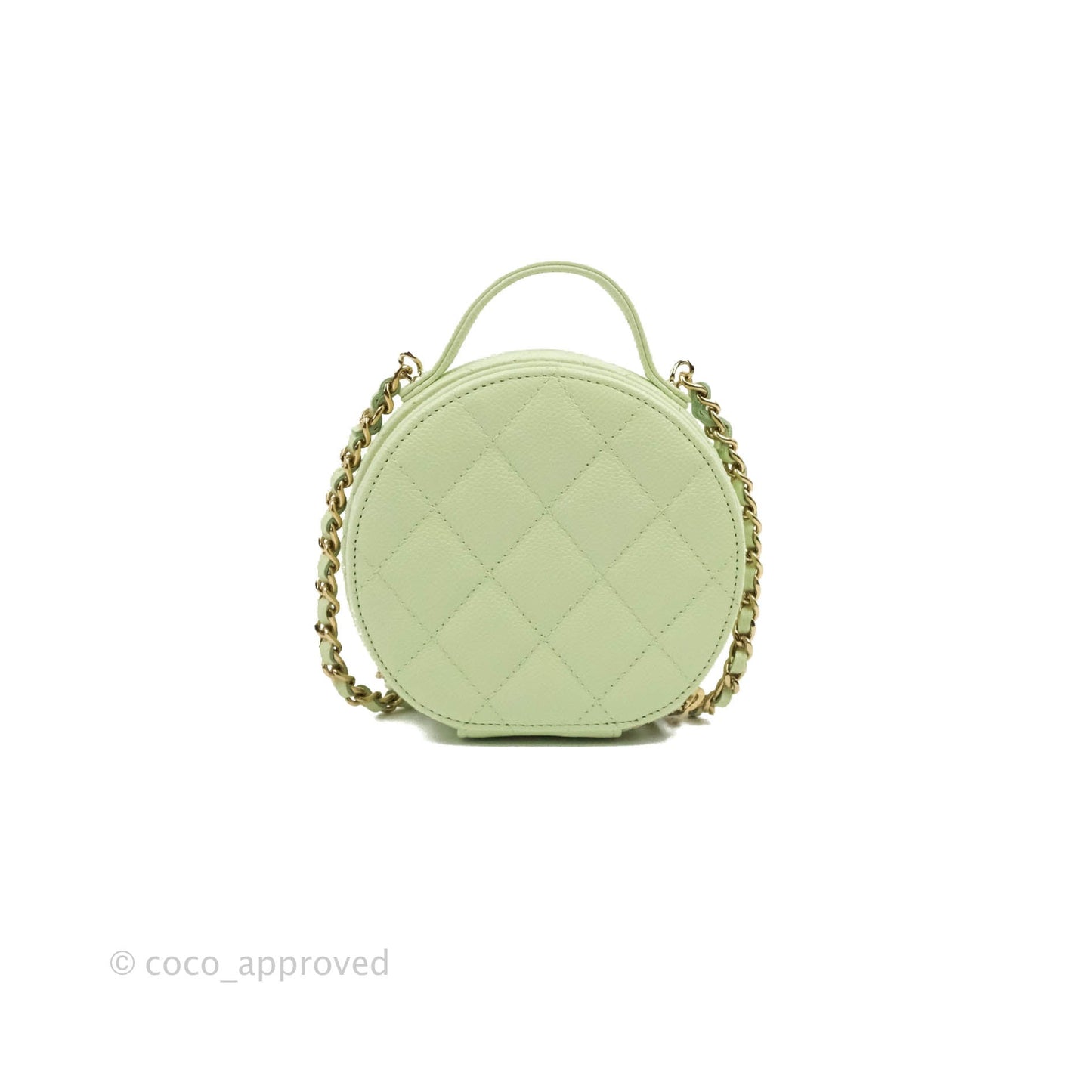 Chanel Mini Round Vanity Bag Handle With Care Light Green Caviar 22C