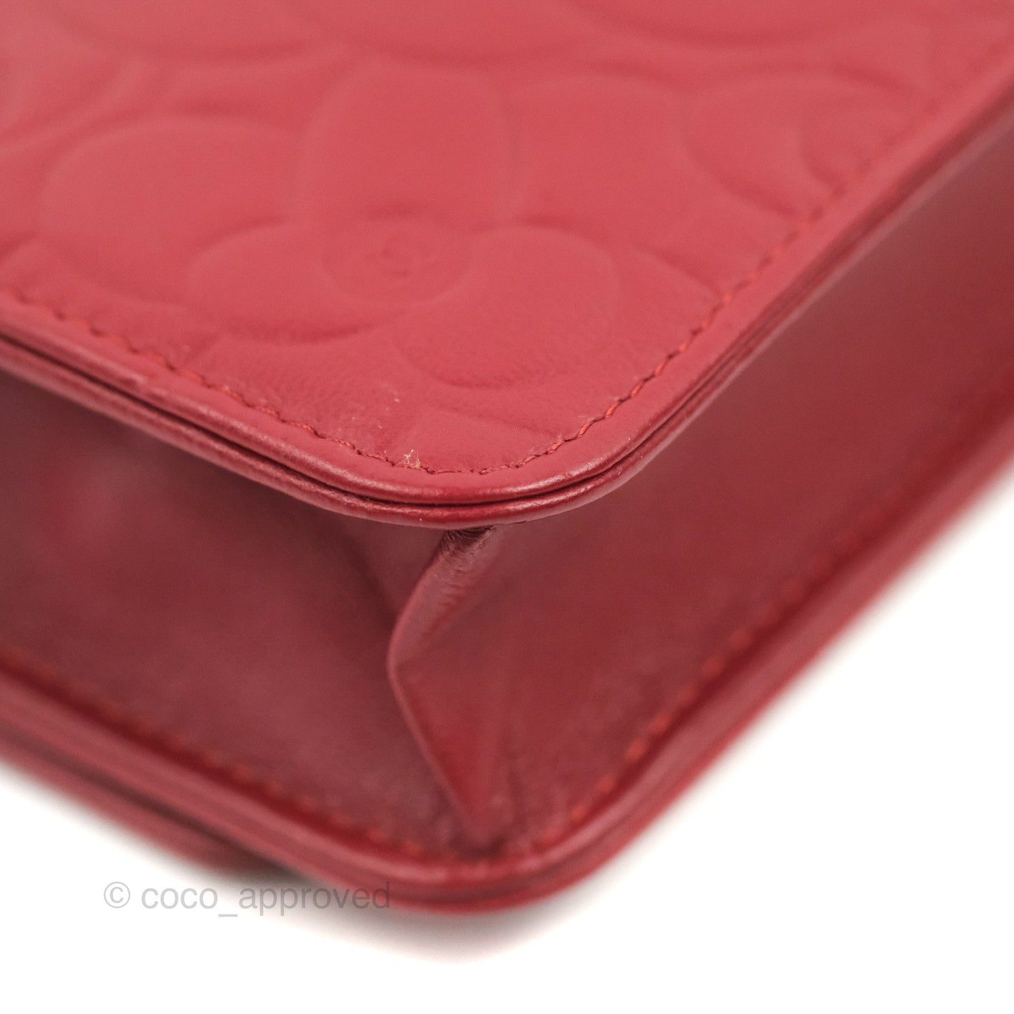 Chanel Camellia Embossed Wallet On Chain WOC Red Lambskin Silver Hardware