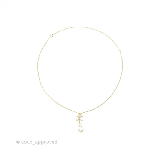 Chanel CC Crystal Pearl Necklace Gold Tone 18B