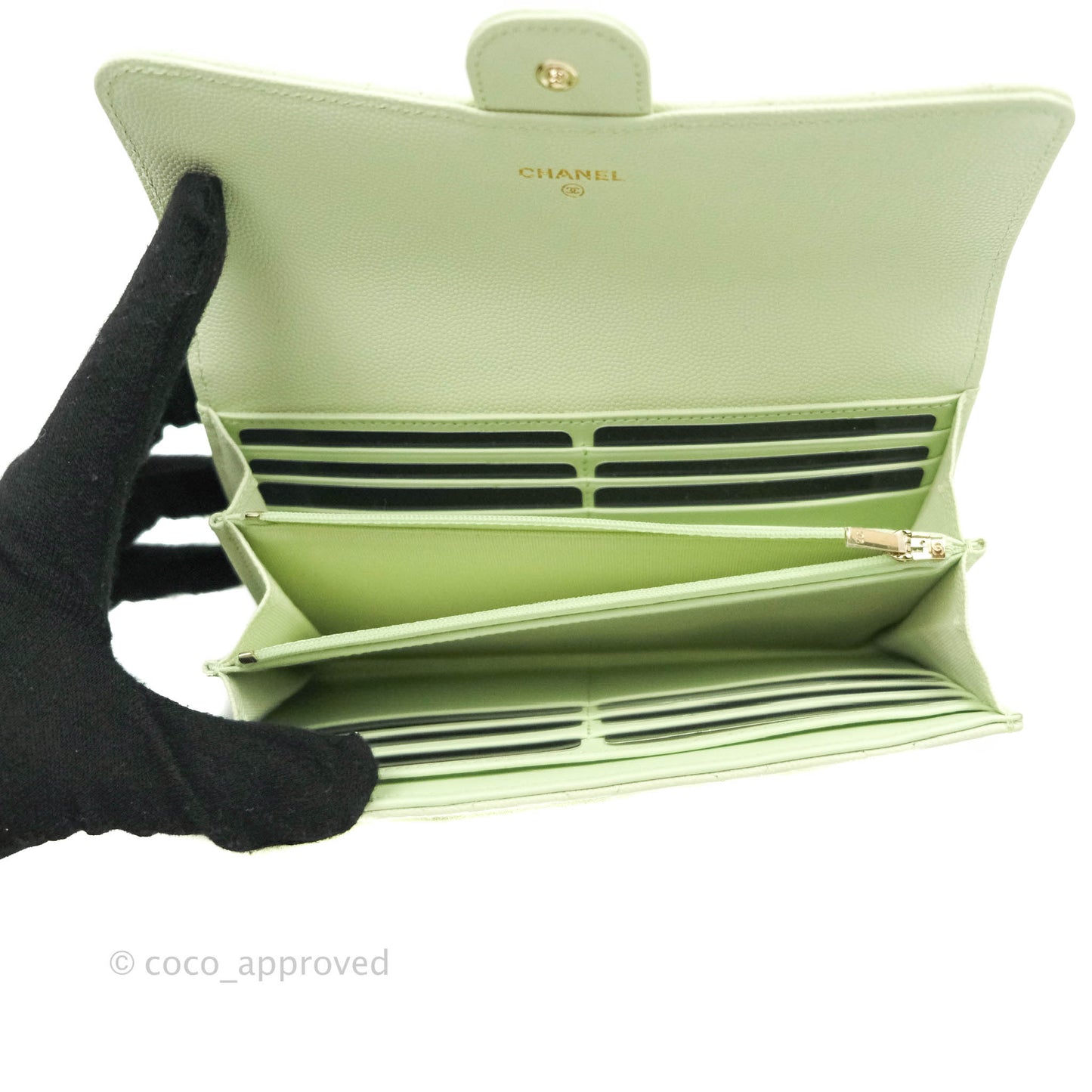Chanel Caviar Quilted Long Flap Wallet Mint Green Caviar Gold Hardware 22C
