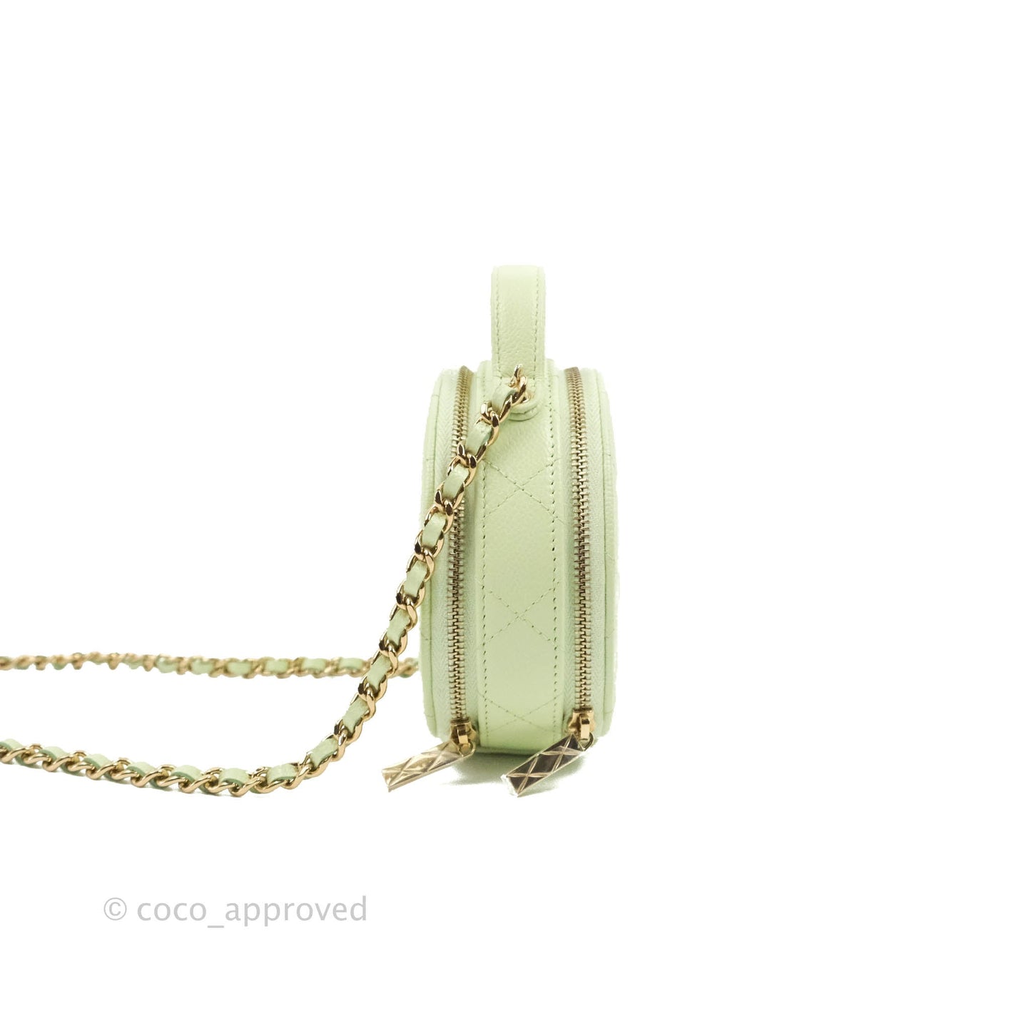 Chanel Mini Round Vanity Bag Handle With Care Light Green Caviar 22C