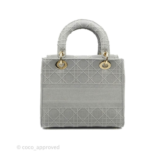 Christian Dior Medium Lady D-Lite Bag Gray Cannage Embroidery Gold Hardware