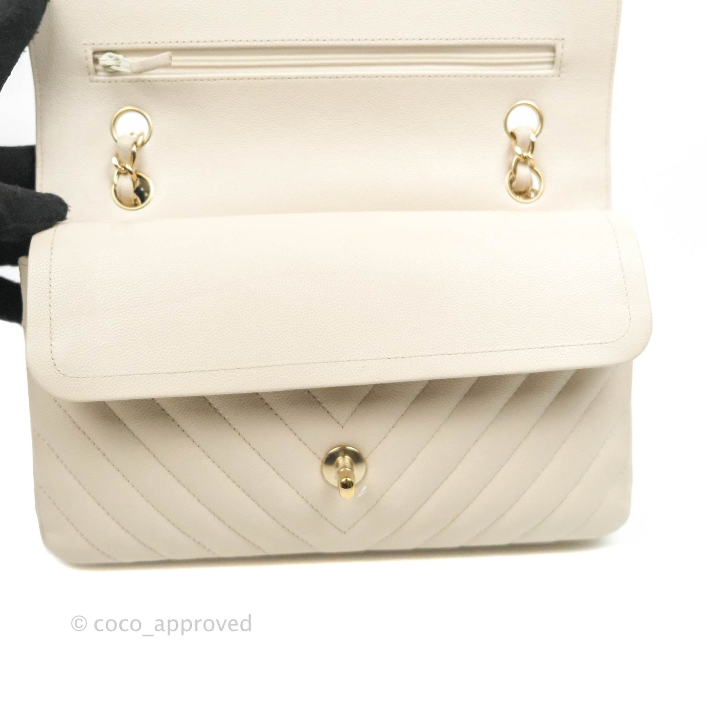 Chanel Classic M/L Medium Double Flap Chevron Ivory Caviar Gold Hardware