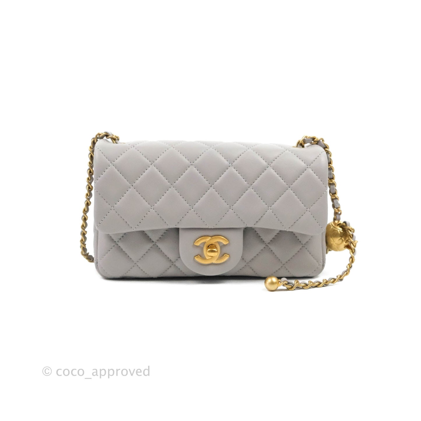 Chanel Mini Rectangular Pearl Crush Quilted Light Grey Lambskin Aged Gold Hardware 22B