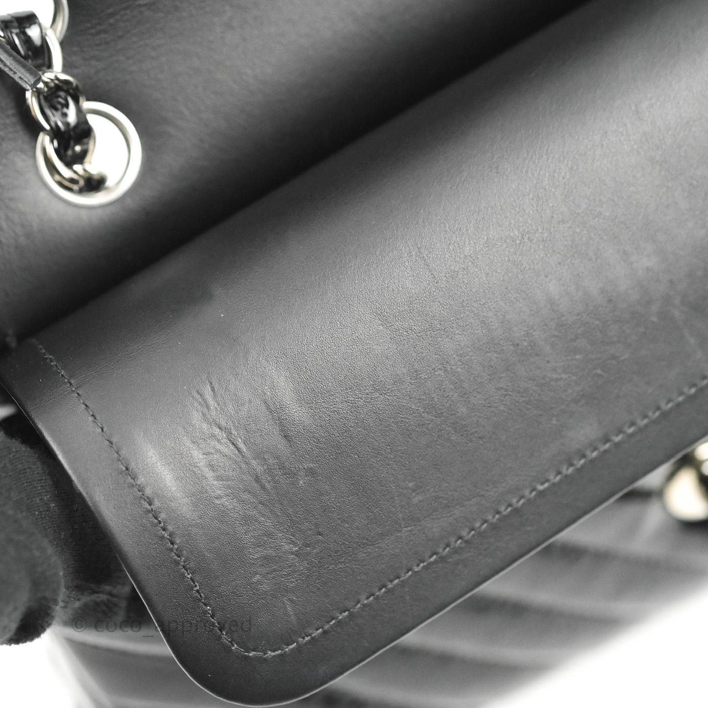 Chanel Classic M/L Medium Chevron Double Flap Black Patent Silver Hardware