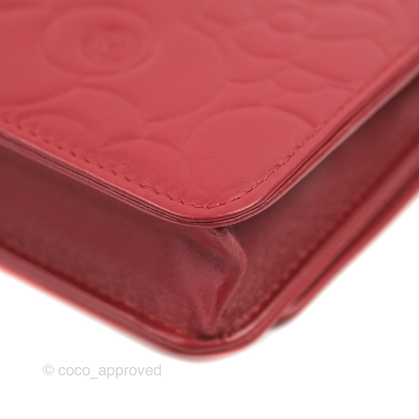 Chanel Camellia Embossed Wallet On Chain WOC Red Lambskin Silver Hardware
