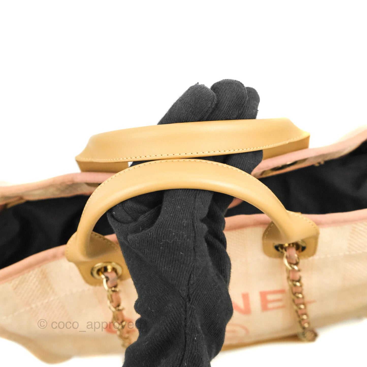 Chanel Large Deauville Pink Stripe Canvas Beige Handle Gold Hardware