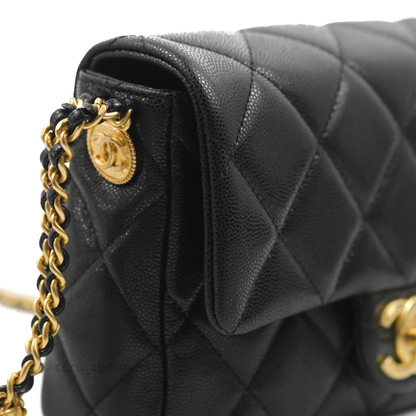 Chanel Small Flap with Coin Charm Black Caviar Aged Gold Hardware 22A