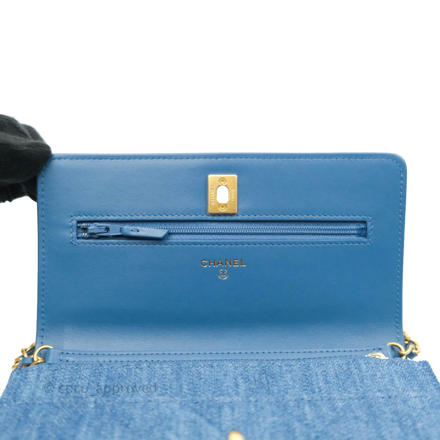 Chanel Quilted Pearl Crush Wallet on Chain WOC Denim Aged Gold Hardware