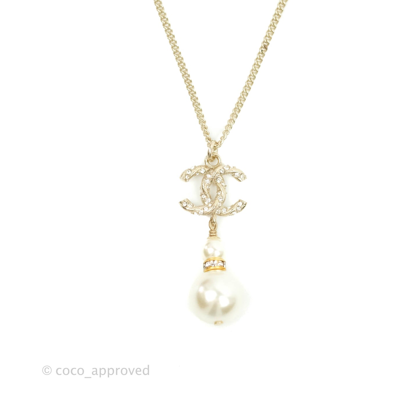 Chanel CC Crystal Pearl Necklace Gold Tone 18B