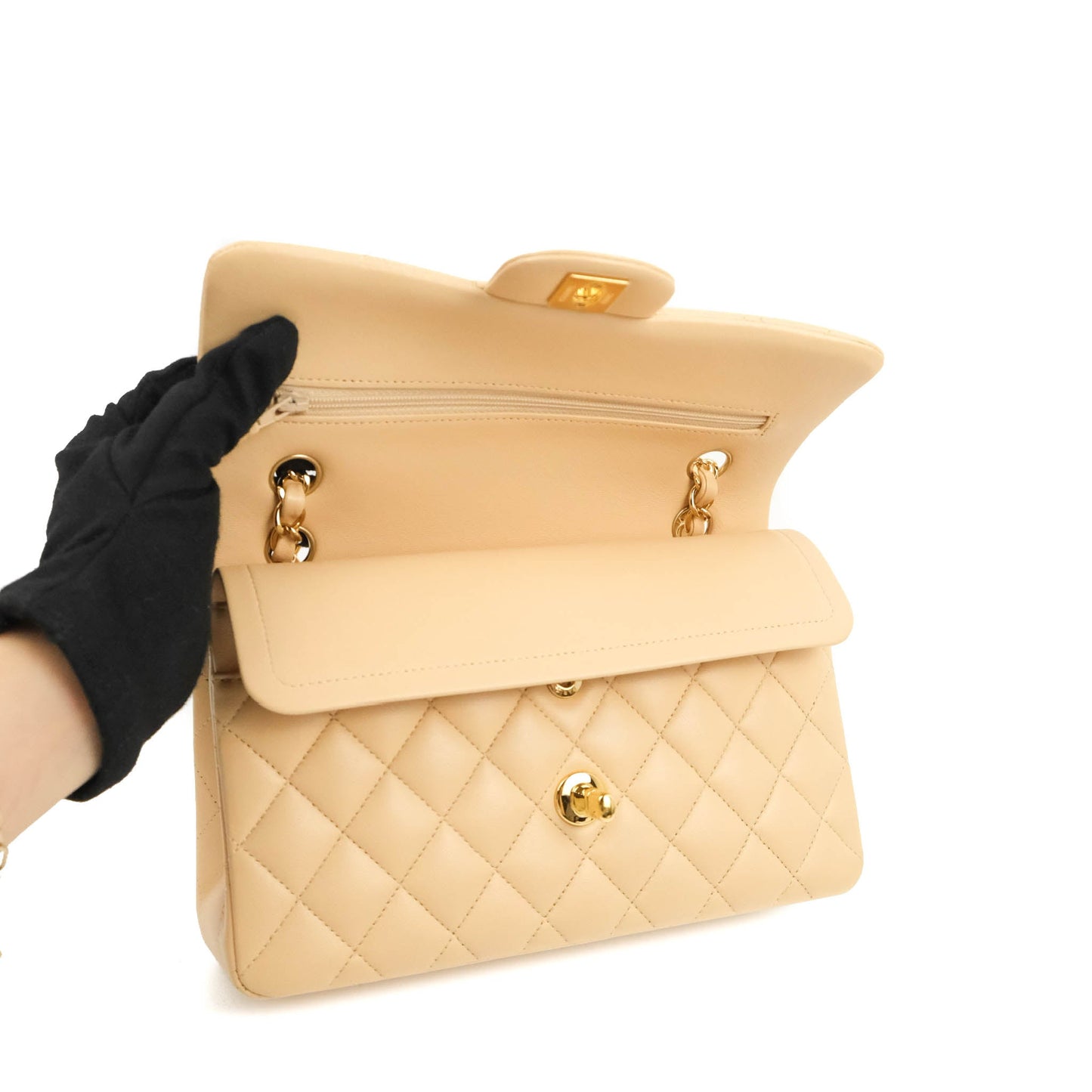 Chanel Classic Small S/M Quilted Flap Beige Lambskin Gold Hardware
