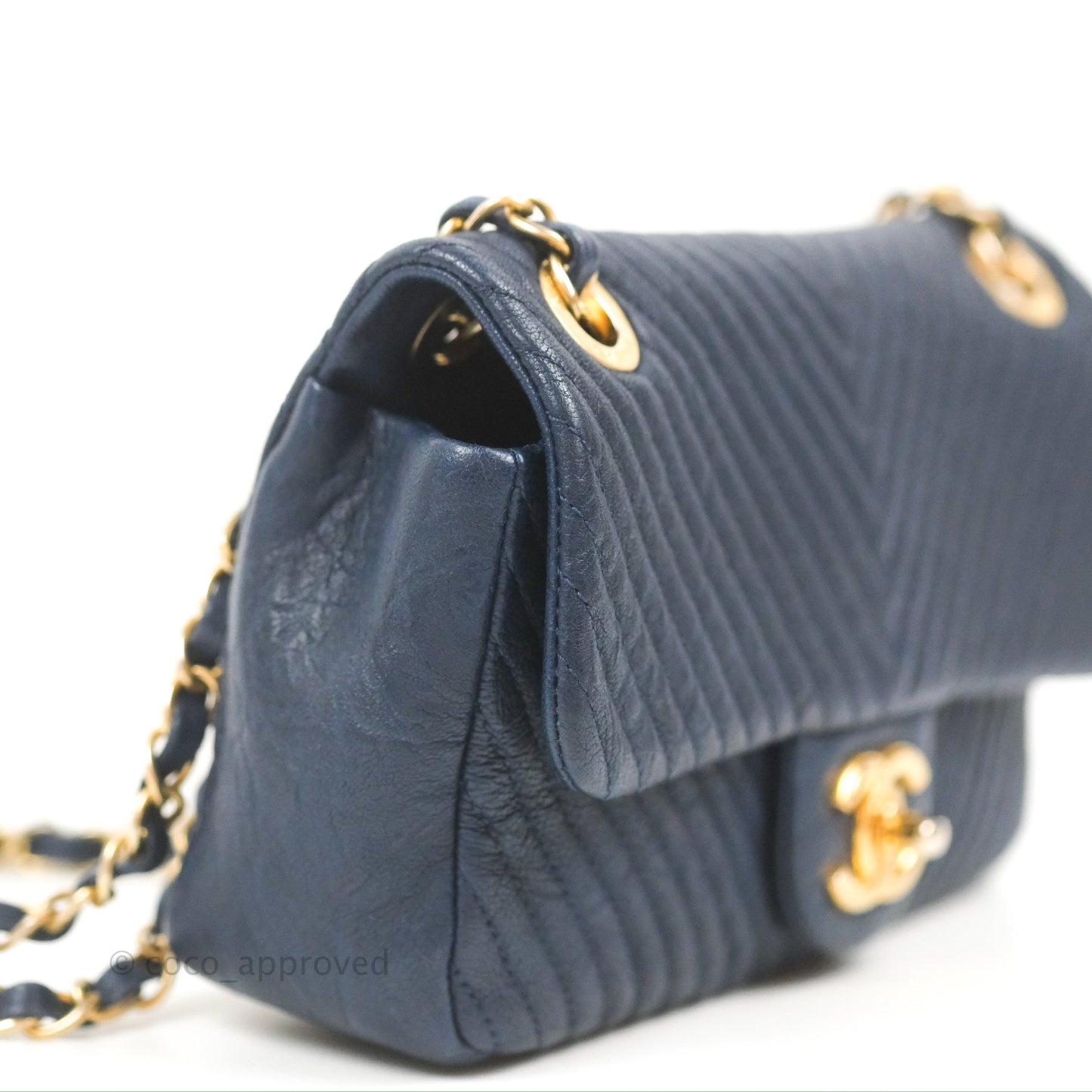 Chanel Small Chevron Surpique Flap Navy Calfskin Aged Gold Hardware