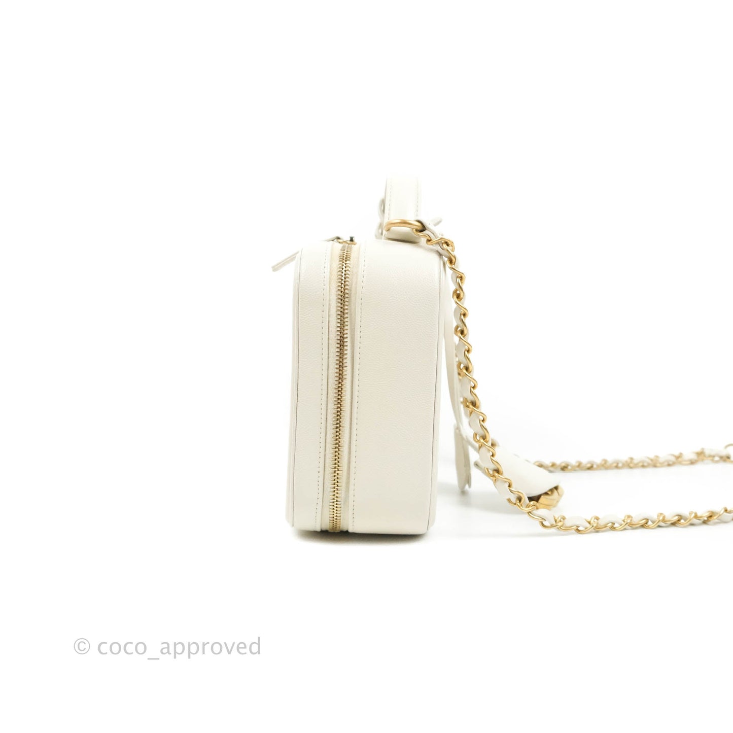 Chanel Quilted Medium CC Filigree Vanity Case White Caviar Aged Gold Hardware