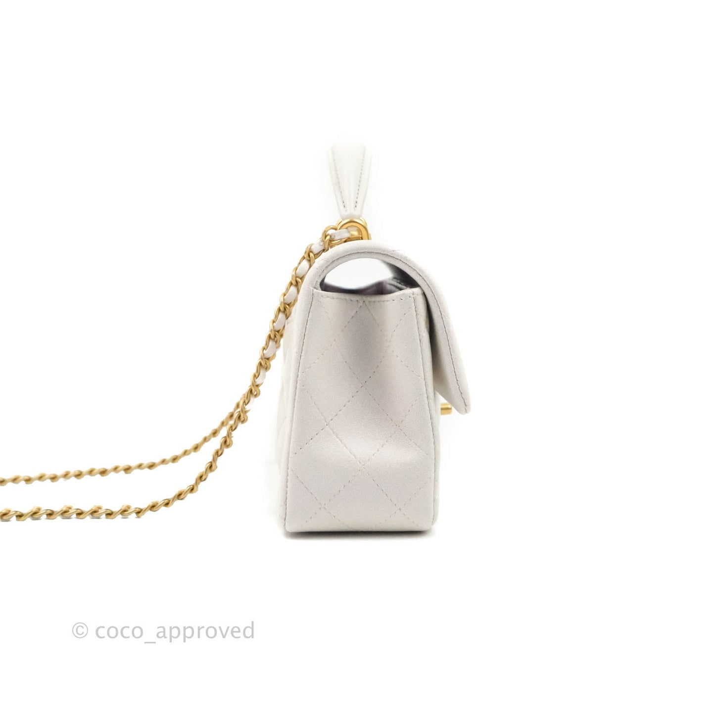 Chanel Top Handle Mini Rectangular Flap Bag Iridescent White Lambskin Gold Hardware