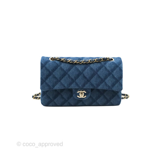Chanel M/L Quilted Medium Double Flap Blue Printed Denim