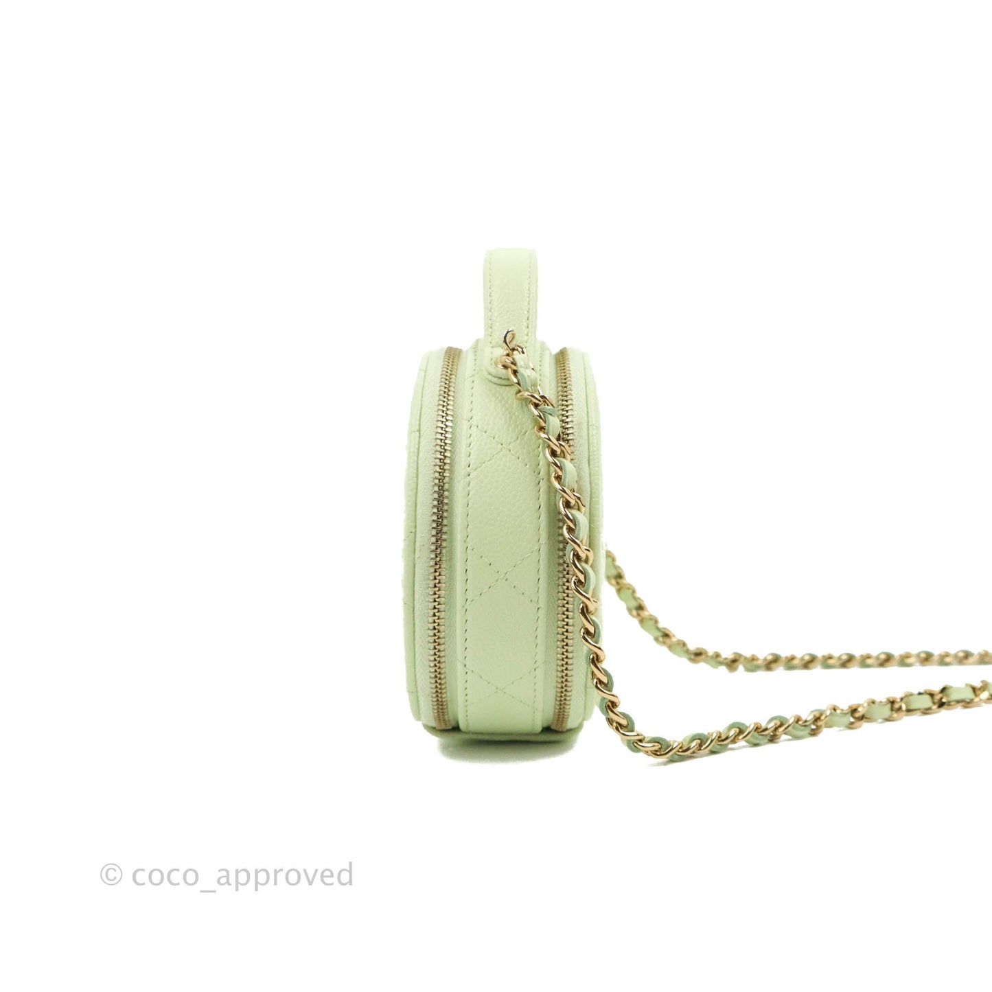 Chanel Mini Round Vanity Bag Handle With Care Light Green Caviar 22C