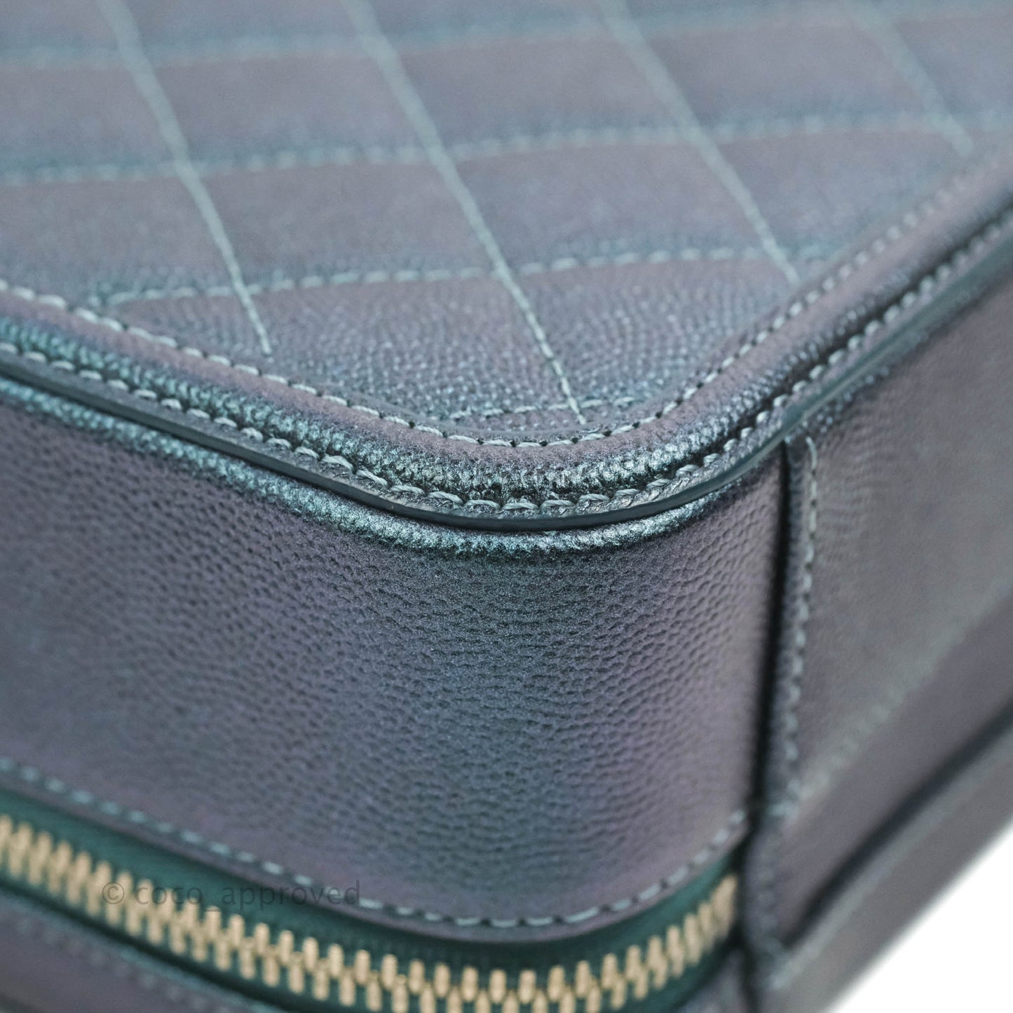 Chanel Quilted Medium CC Filigree Vanity Case Iridescent Dark Turquoise Caviar Rainbow Hardware