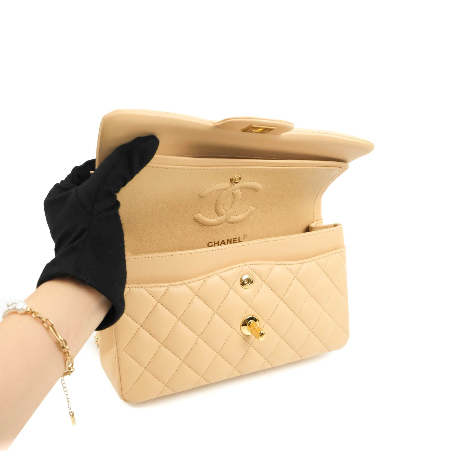 Chanel Classic Small S/M Quilted Flap Beige Lambskin Gold Hardware