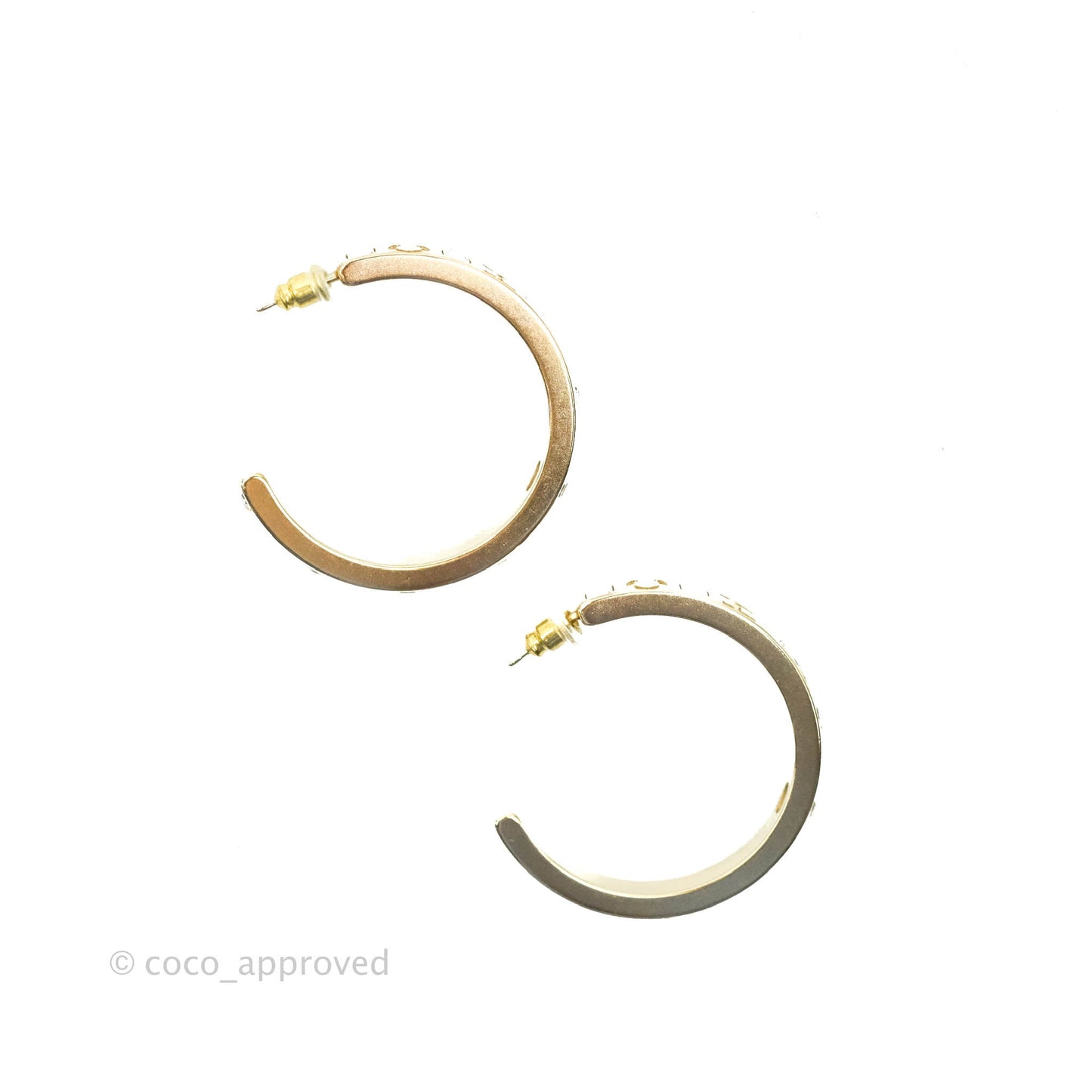 Chanel Crystal CC Engraving Hoop Earrings Gold 21B