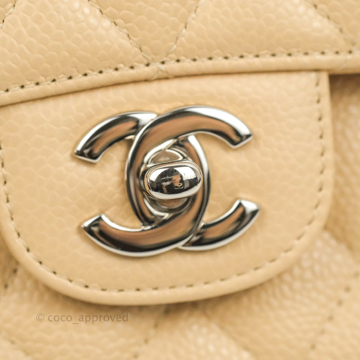 Chanel Classic M/L Medium Flap Quilted Beige Caviar Silver Hardware
