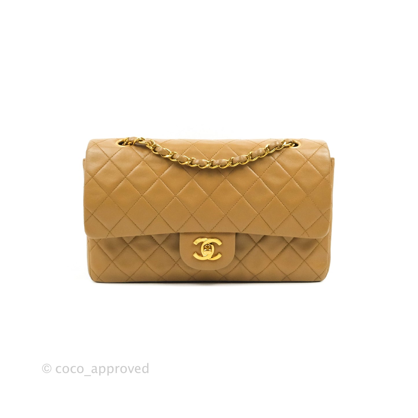 Chanel Vintage Classic M/L Medium Double Flap Bag Dark Beige Lambskin 24K Gold Hardware