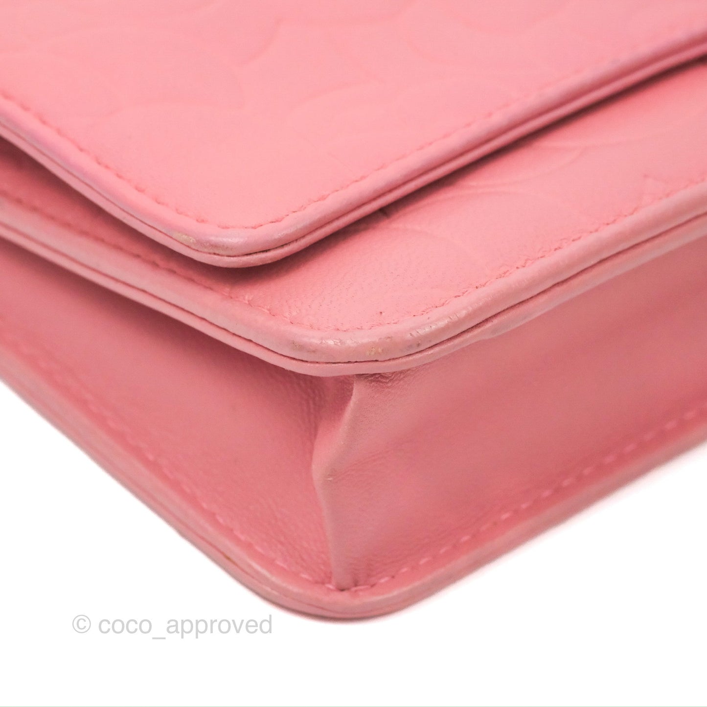 Chanel Camellia Embossed Wallet On Chain WOC Pink Lambskin Silver Hardware