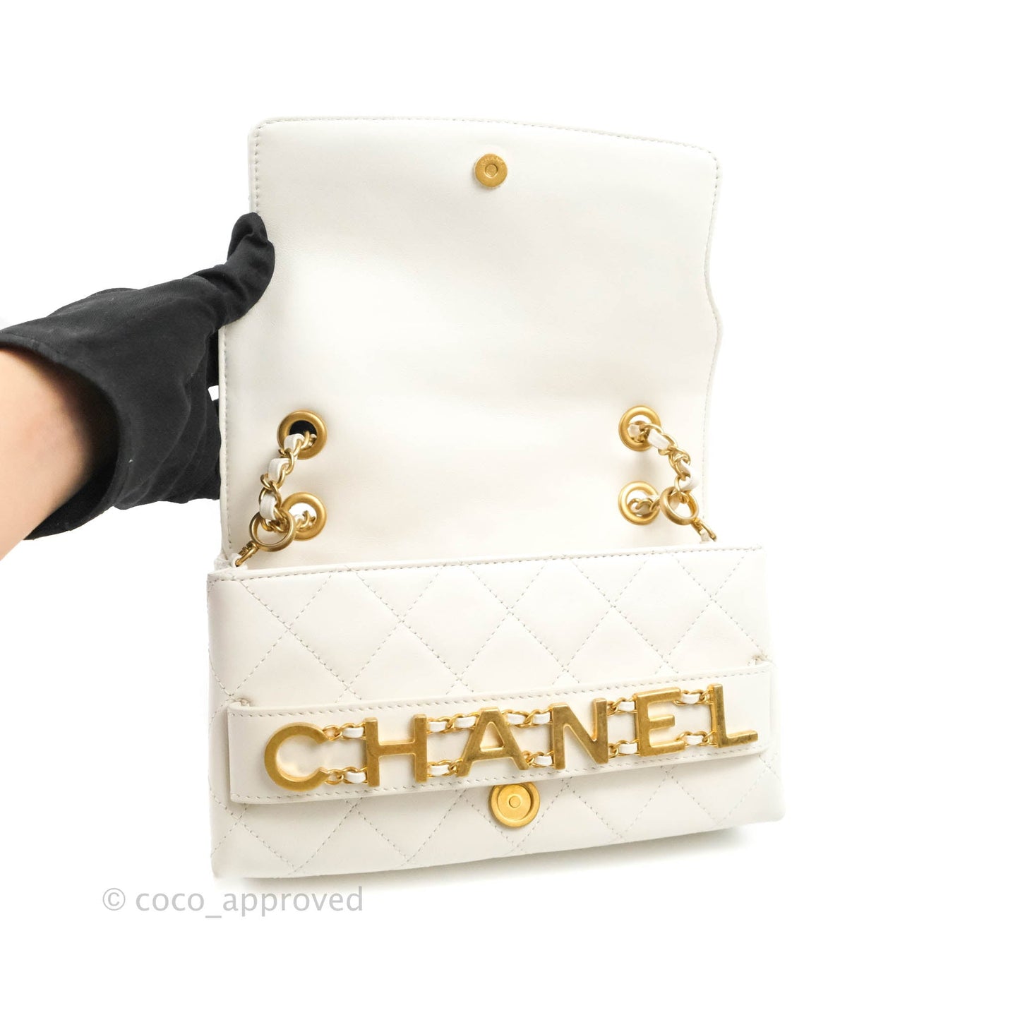 Chanel Small Logo Enchained Flap Bag White Calfskin Aged Gold Hardware 20S