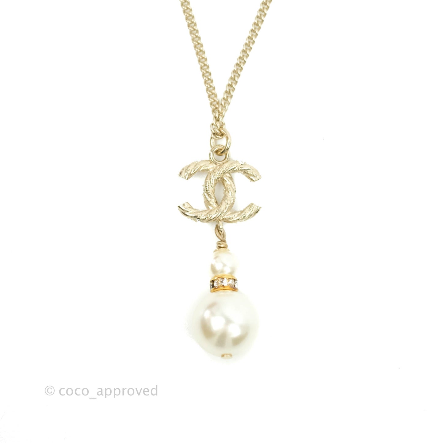 Chanel CC Crystal Pearl Necklace Gold Tone 18B