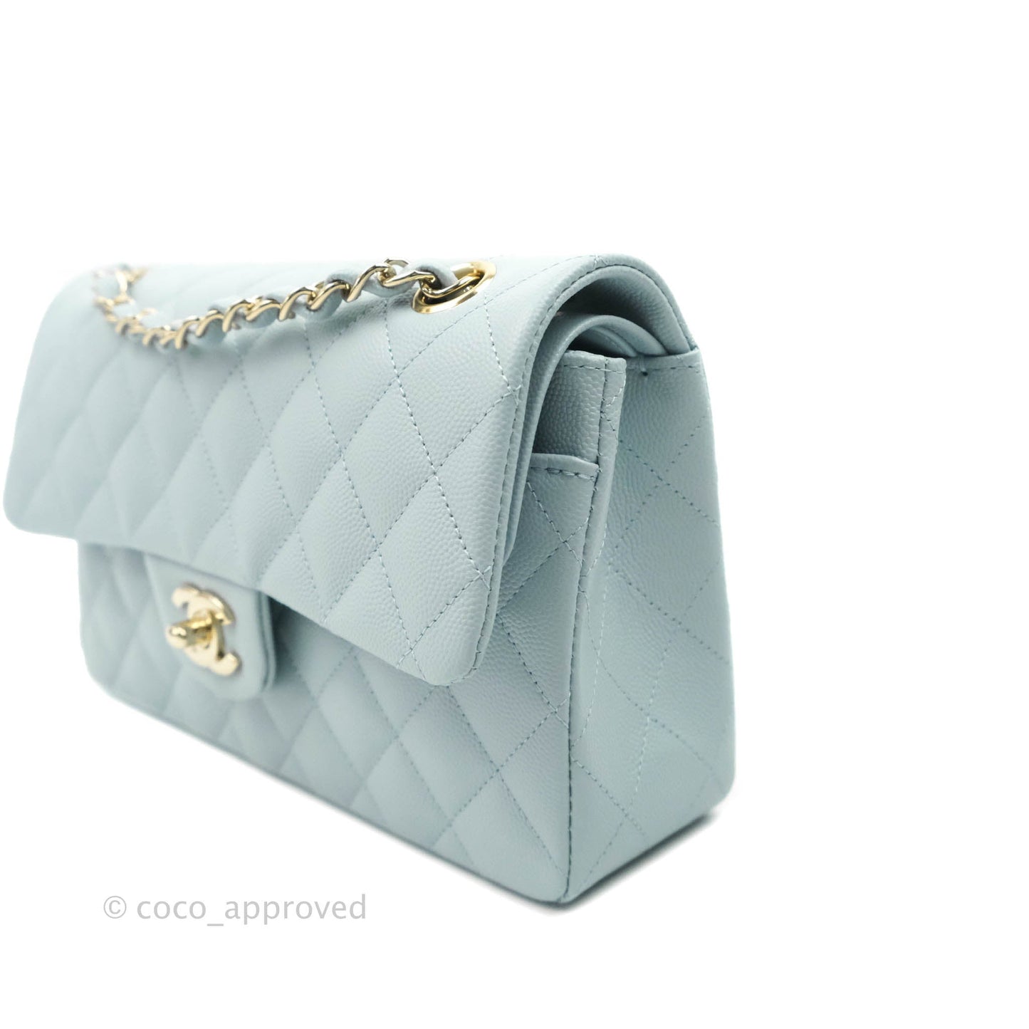 Chanel Small Classic Quilted Flap Light Blue Caviar Gold Hardware