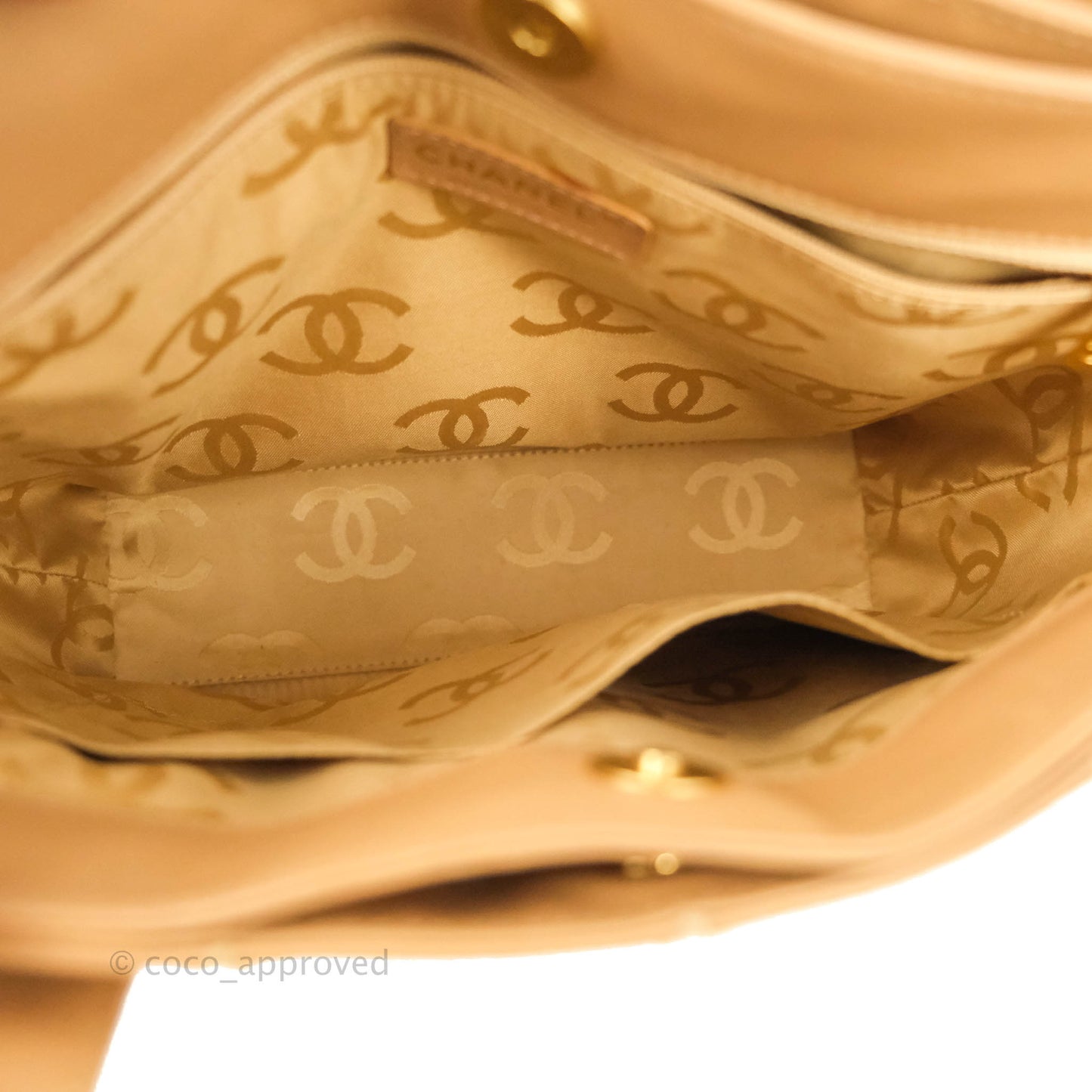 Chanel Vintage Quilted CC Tote Bag Beige Calfskin Gold Hardware