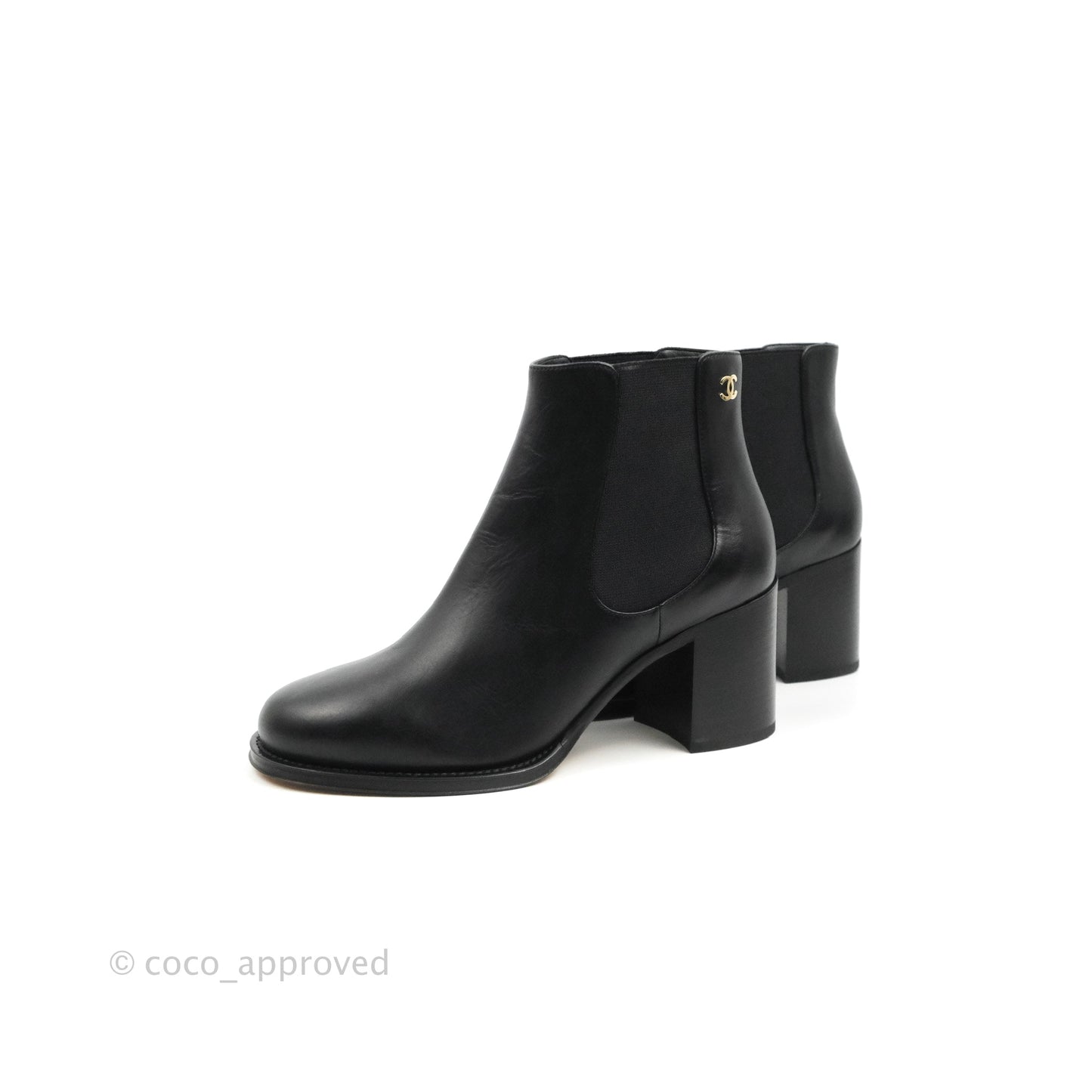 Chanel CC Ankle Boots Black Leather Size 37.5
