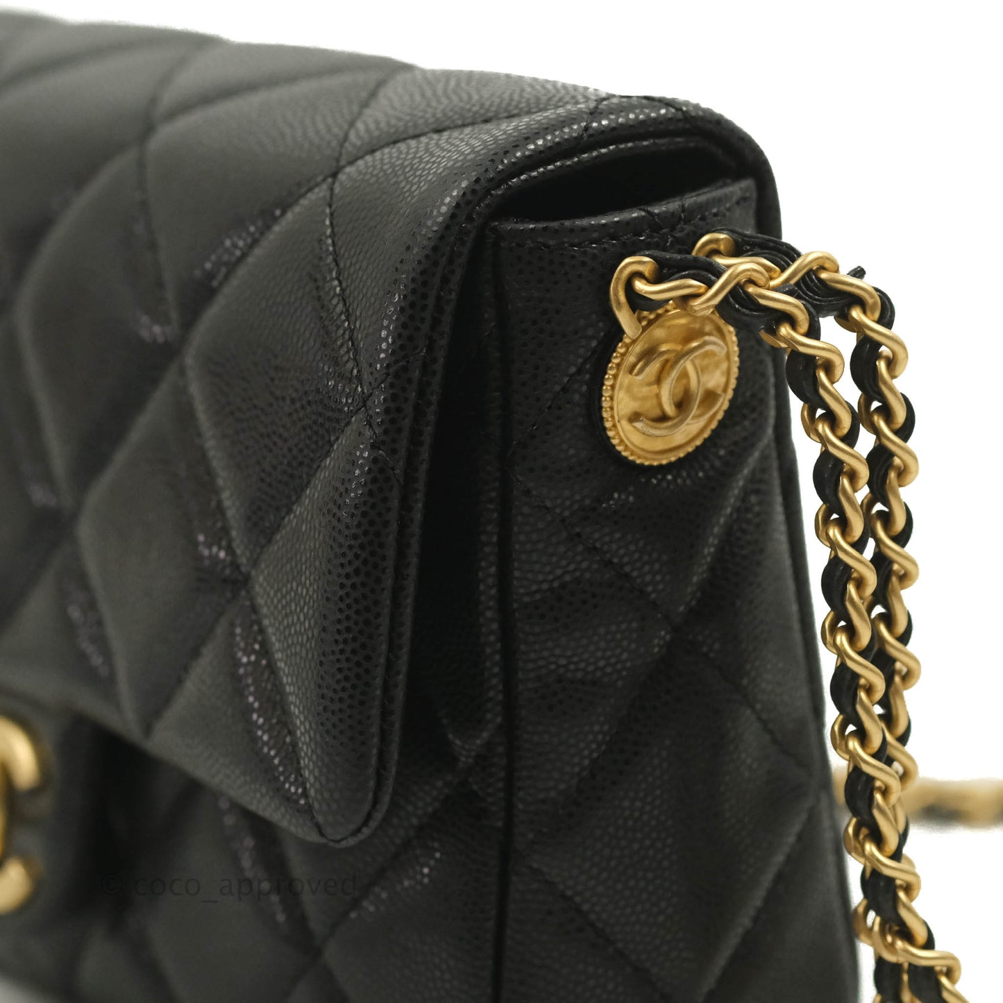 Chanel Small Flap with Coin Charm Black Caviar Aged Gold Hardware 22A
