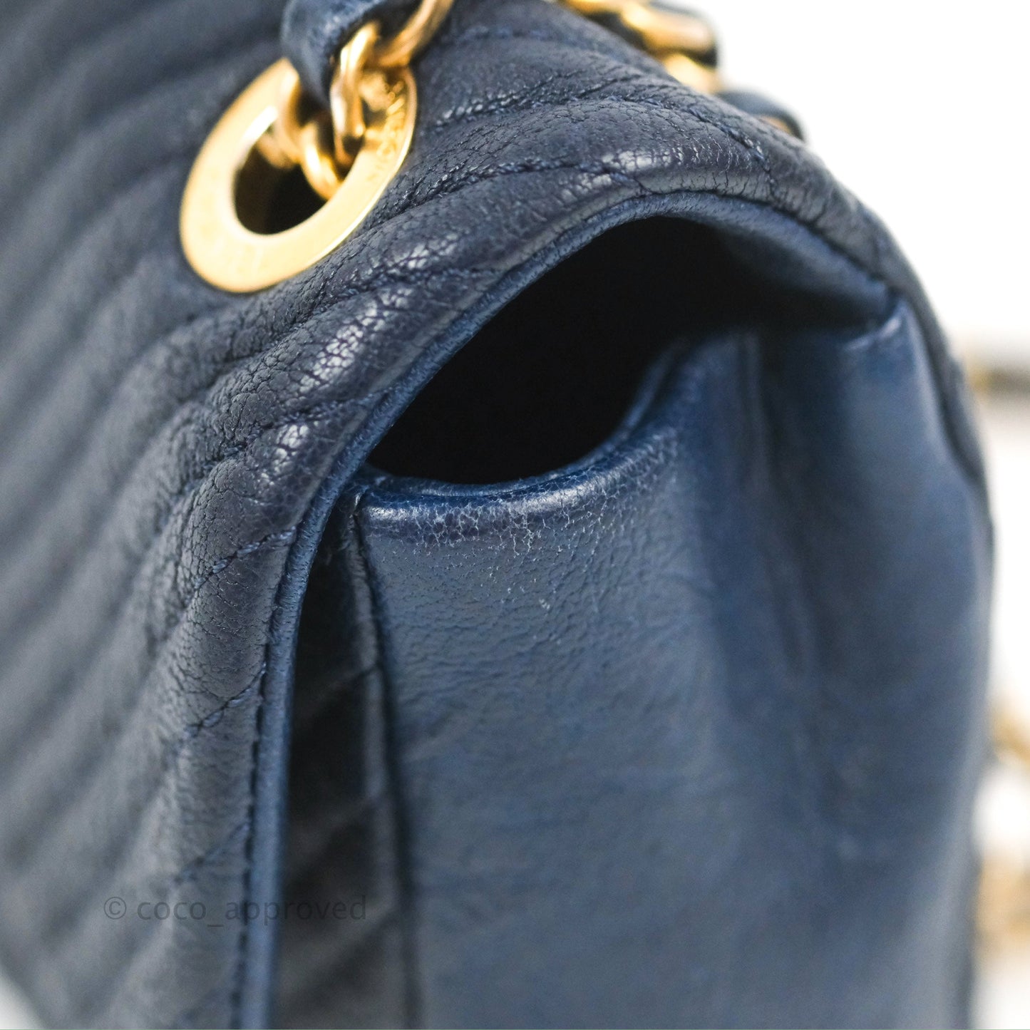 Chanel Small Chevron Surpique Flap Navy Calfskin Aged Gold Hardware