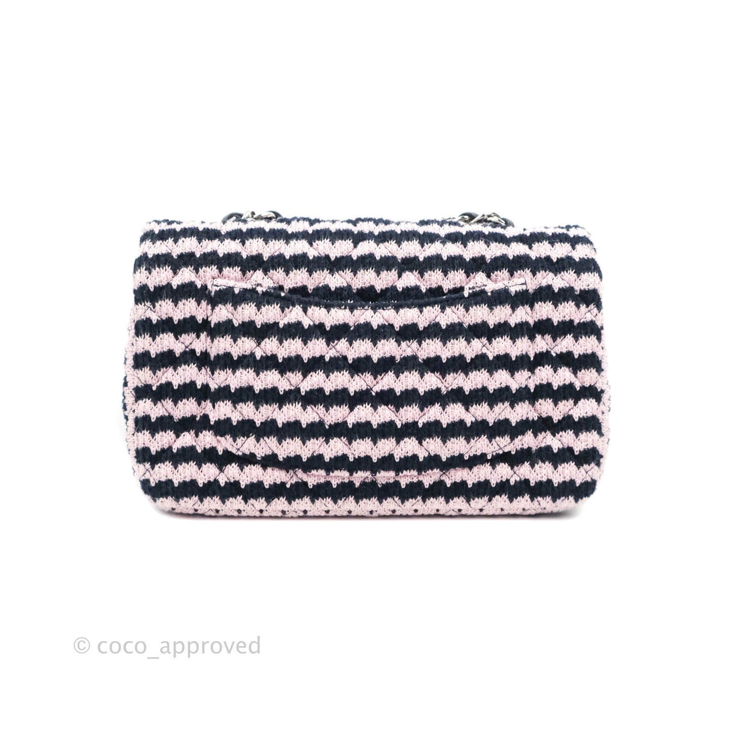 Chanel Mini Rectangular Flap Bag Navy Pink Striped Tweed Silver Hardware