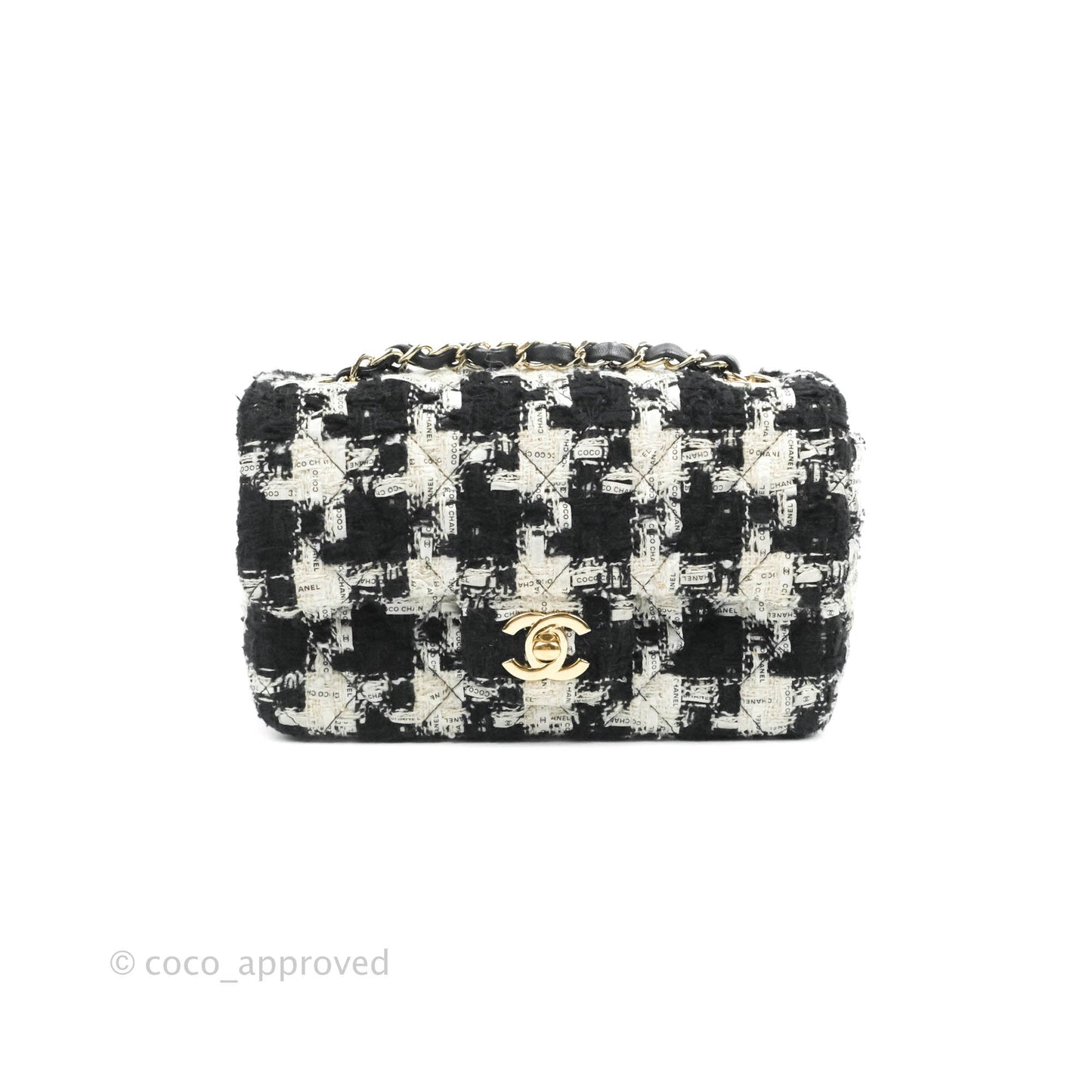 Chanel Quilted Mini Rectangular Flap Tweed Houndstooth Black & White Gold Hardware
