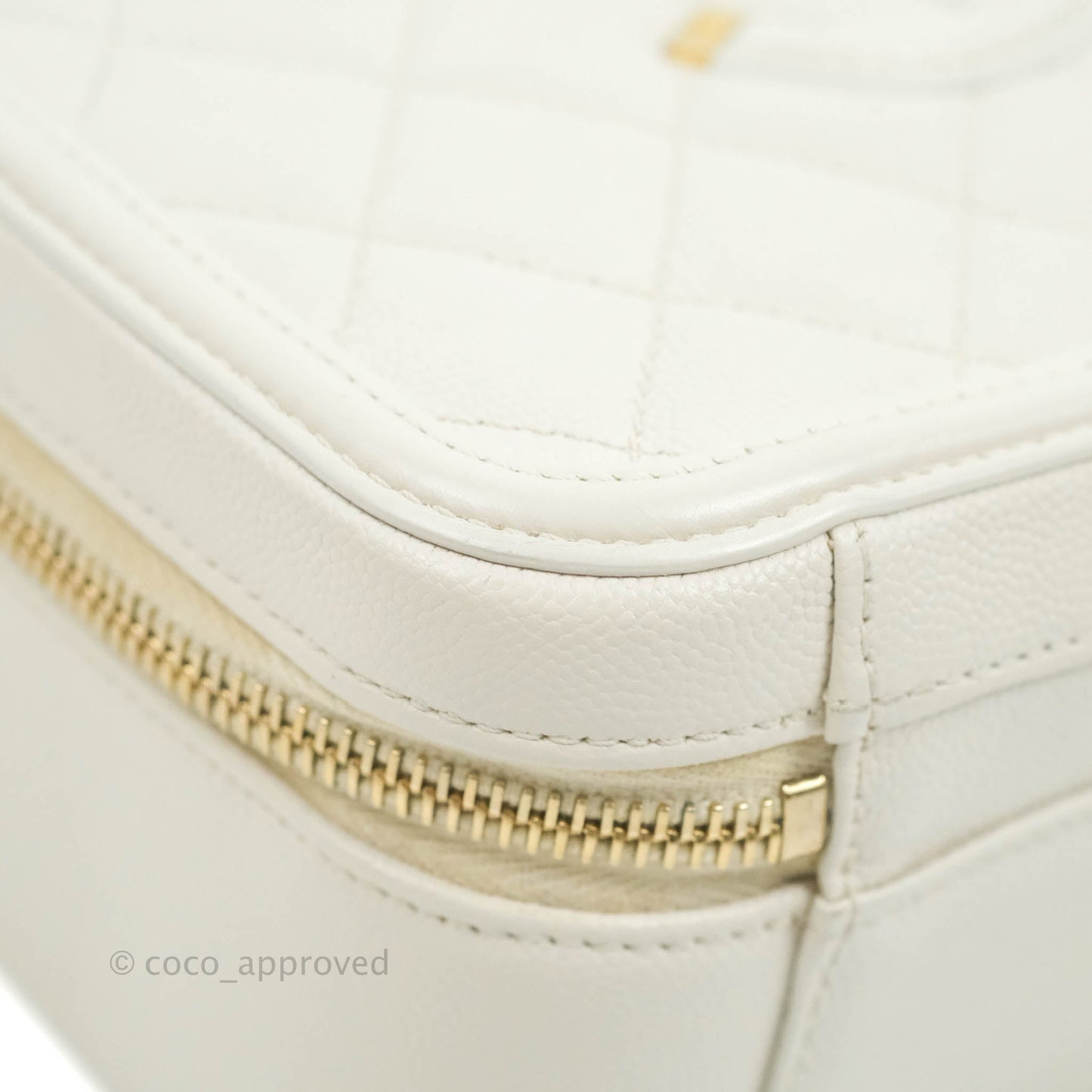 Chanel Quilted Medium CC Filigree Vanity Case White Caviar Aged Gold Hardware