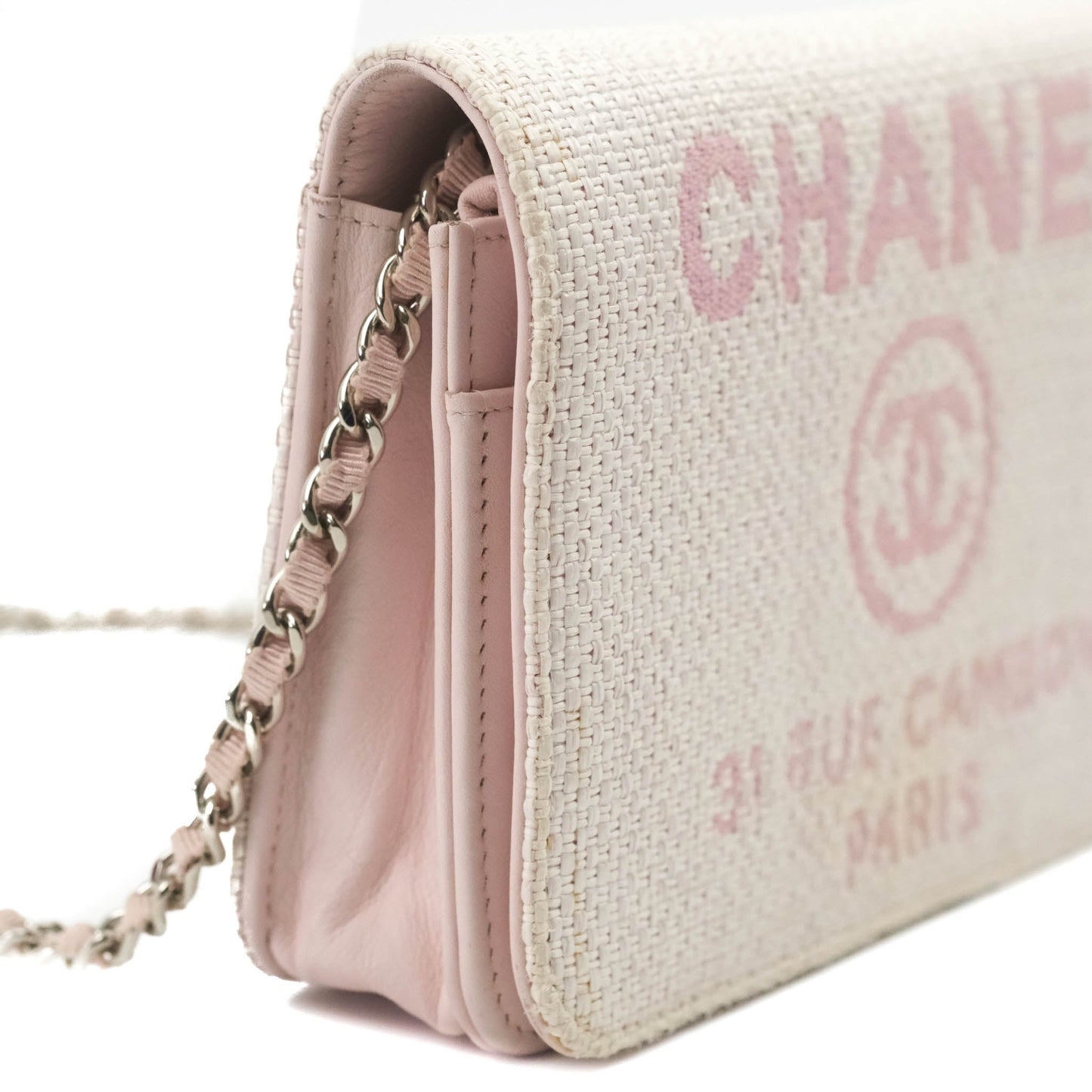 Chanel Deauville Wallet On Chain WOC Pink Canvas Silver Hardware