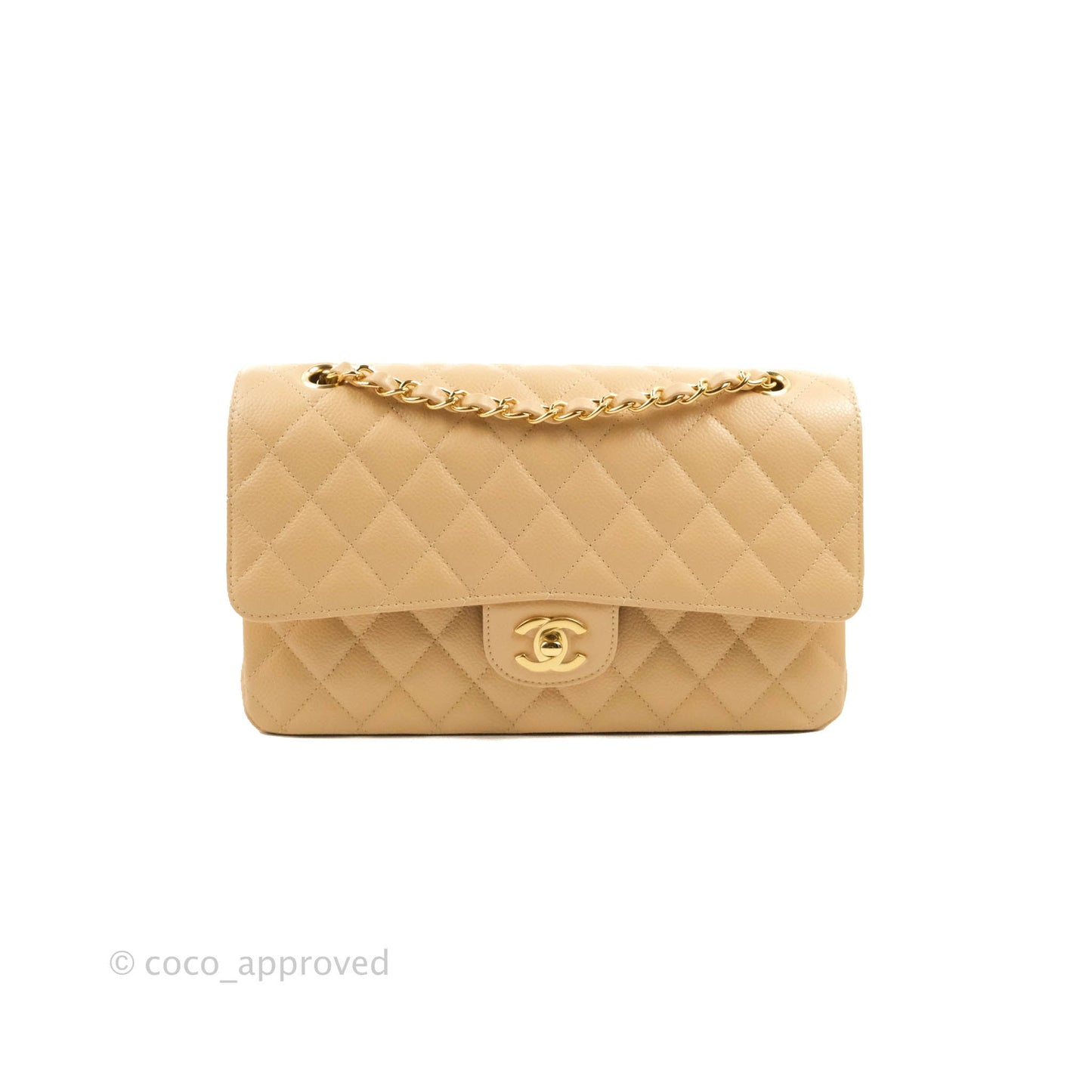 Chanel Classic M/L Medium Flap Quilted Beige Caviar Gold Hardware